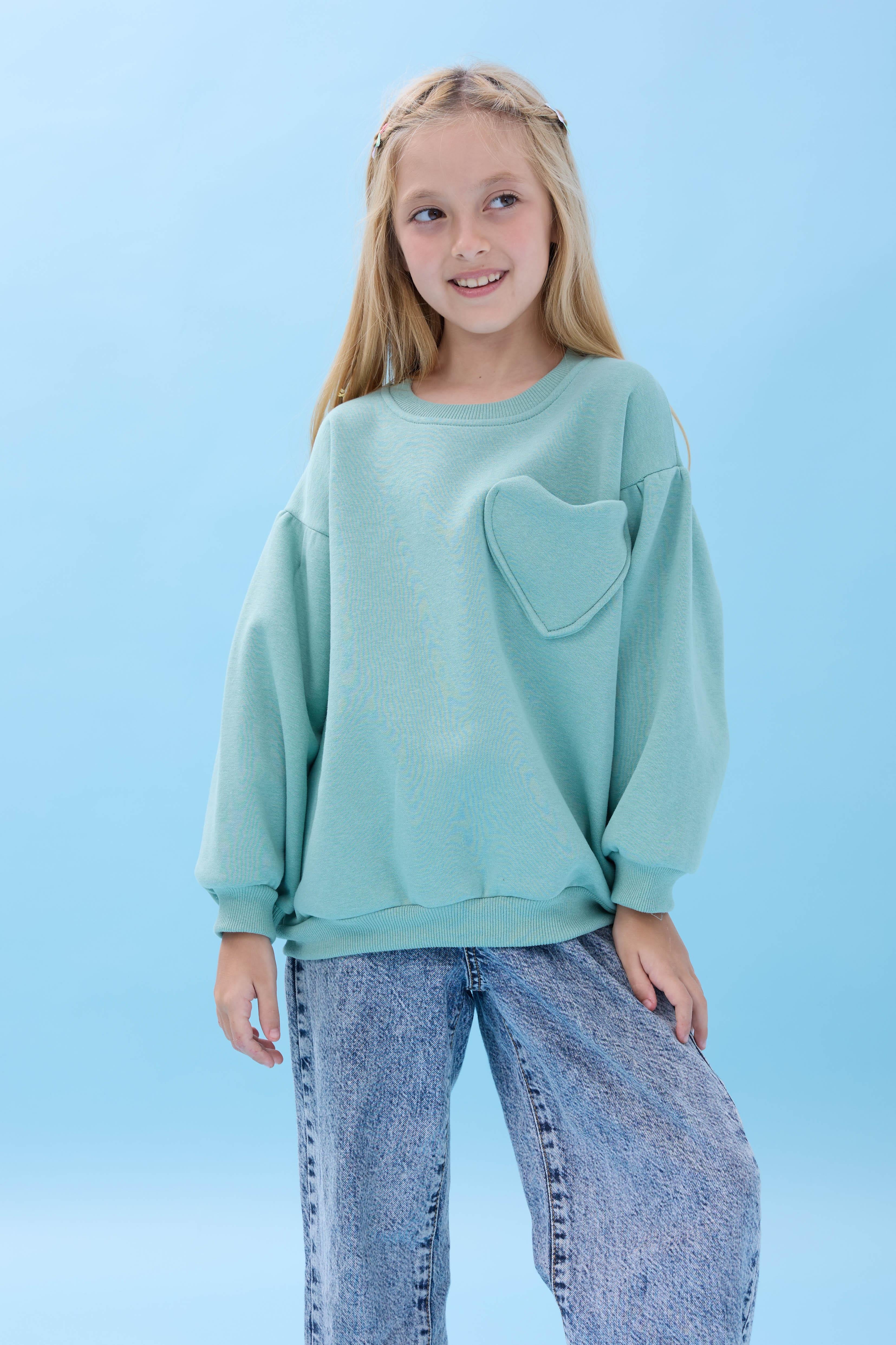 Kız Çocuk Kalp Cep Detaylı Balon Kollu Şardonlu Sweatshirt - Çağla