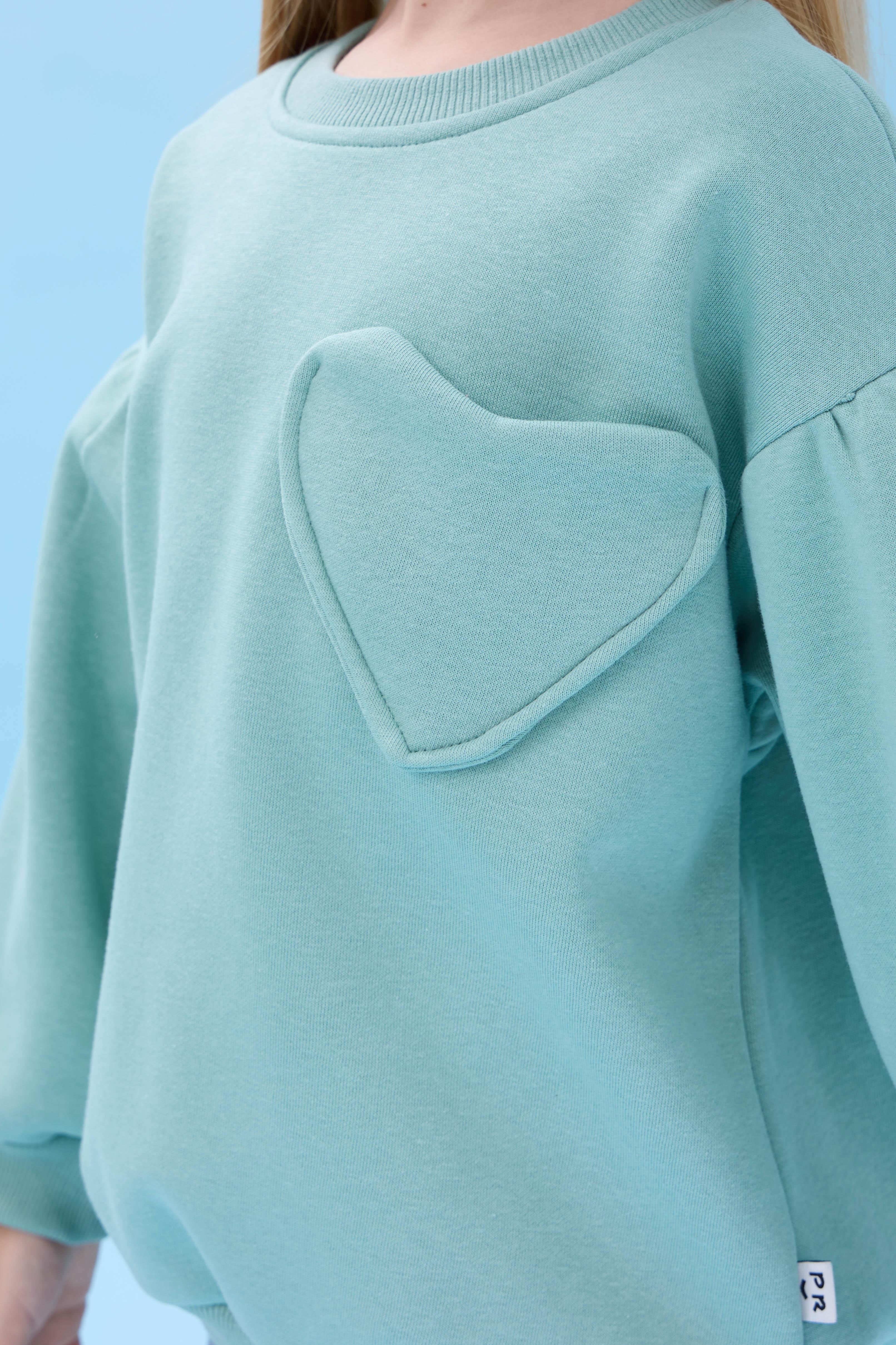 Kız Çocuk Kalp Cep Detaylı Balon Kollu Şardonlu Sweatshirt - Çağla