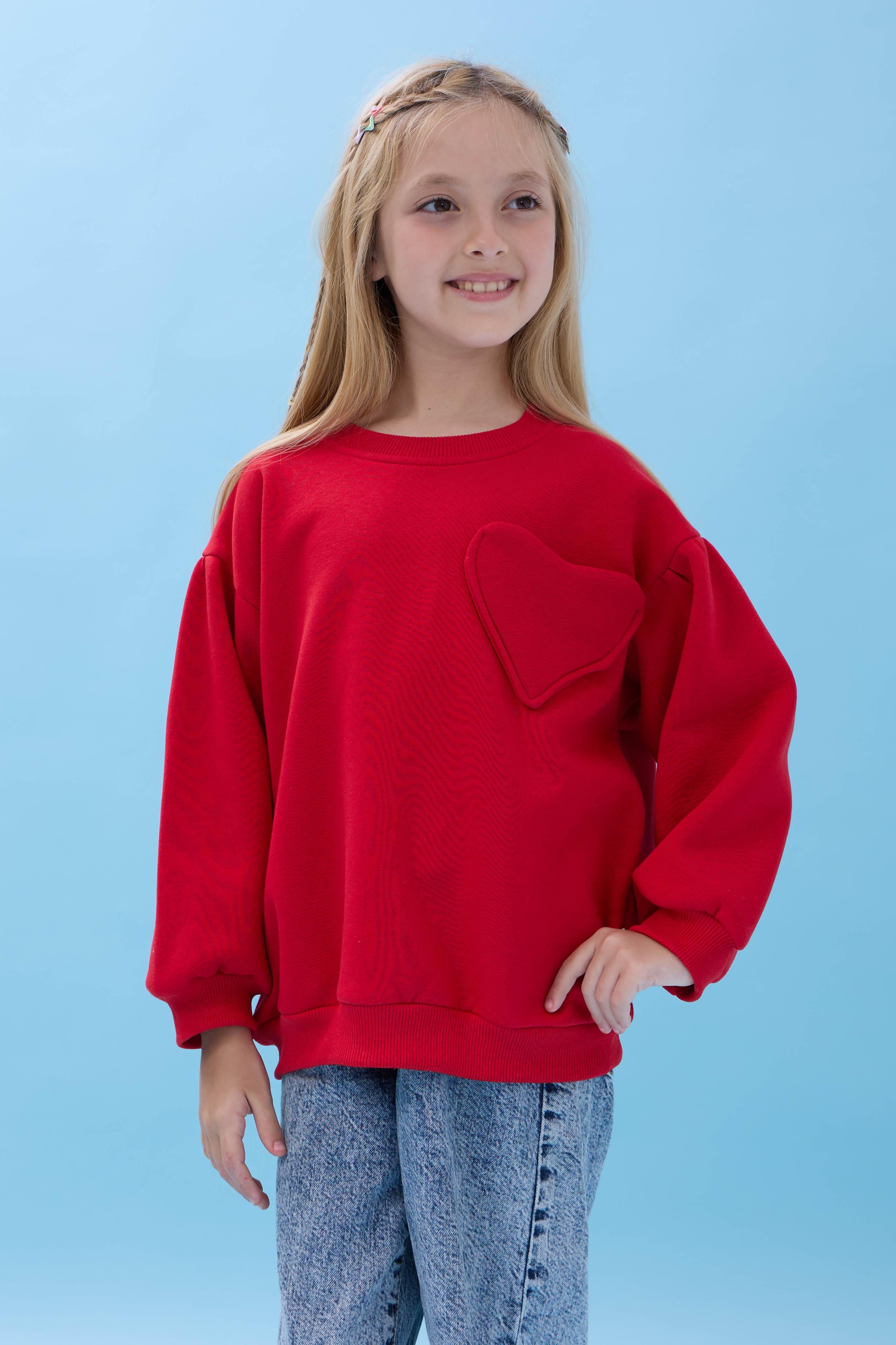 Kız Çocuk Kalp Cep Detaylı Balon Kollu Şardonlu Sweatshirt - Kırmızı