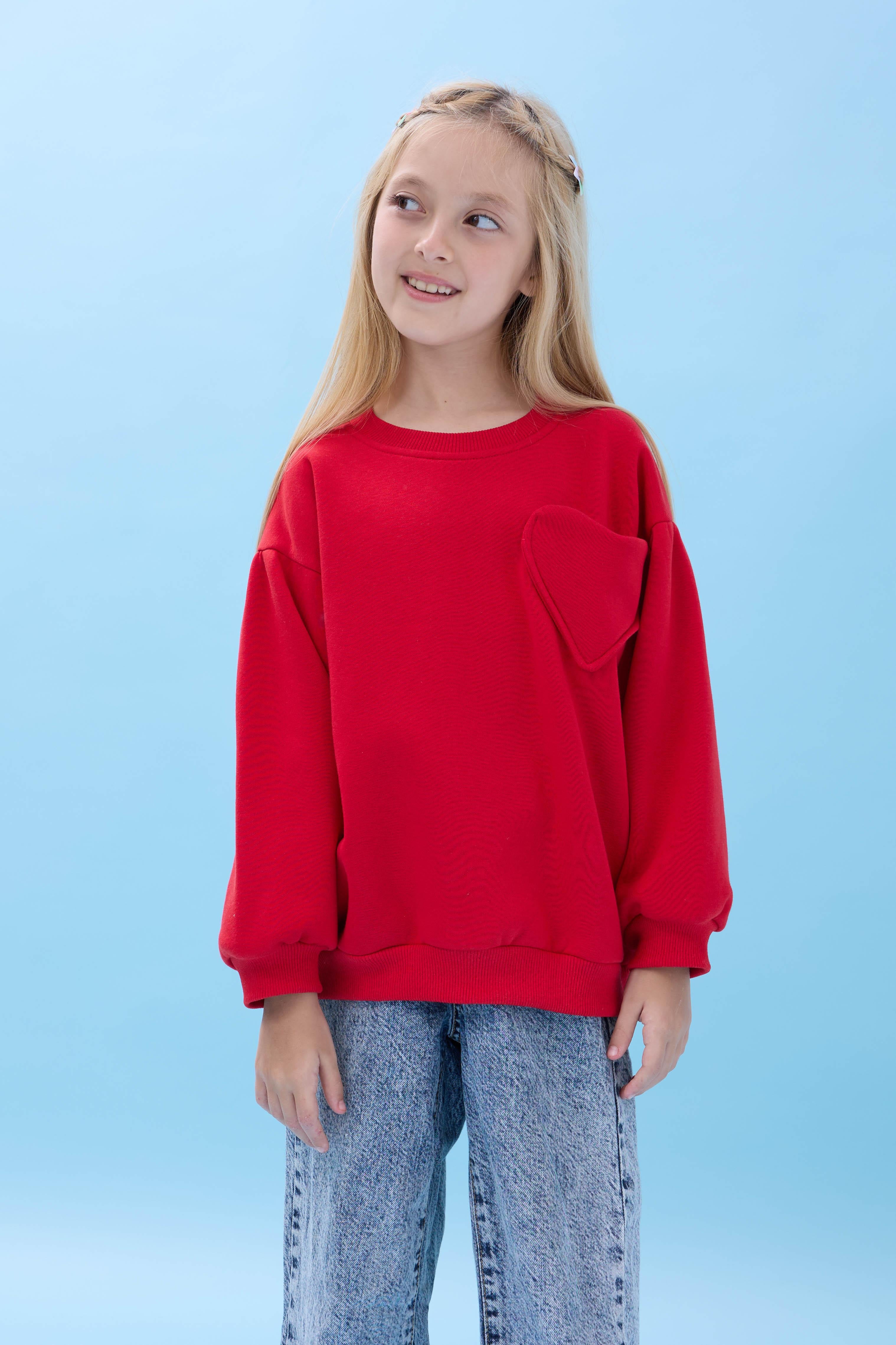 Kız Çocuk Kalp Cep Detaylı Balon Kollu Şardonlu Sweatshirt - Kırmızı