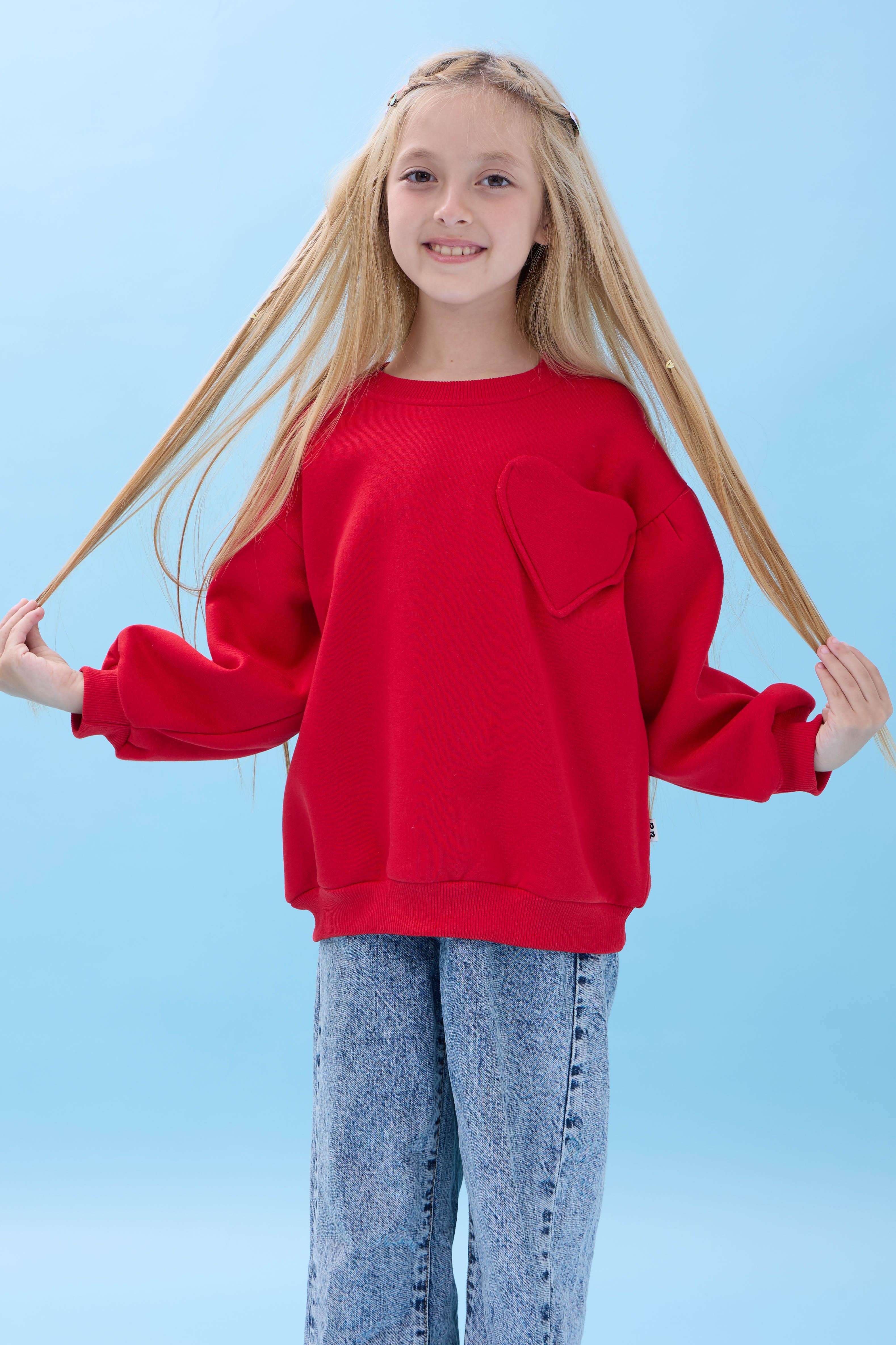 Kız Çocuk Kalp Cep Detaylı Balon Kollu Şardonlu Sweatshirt - Kırmızı