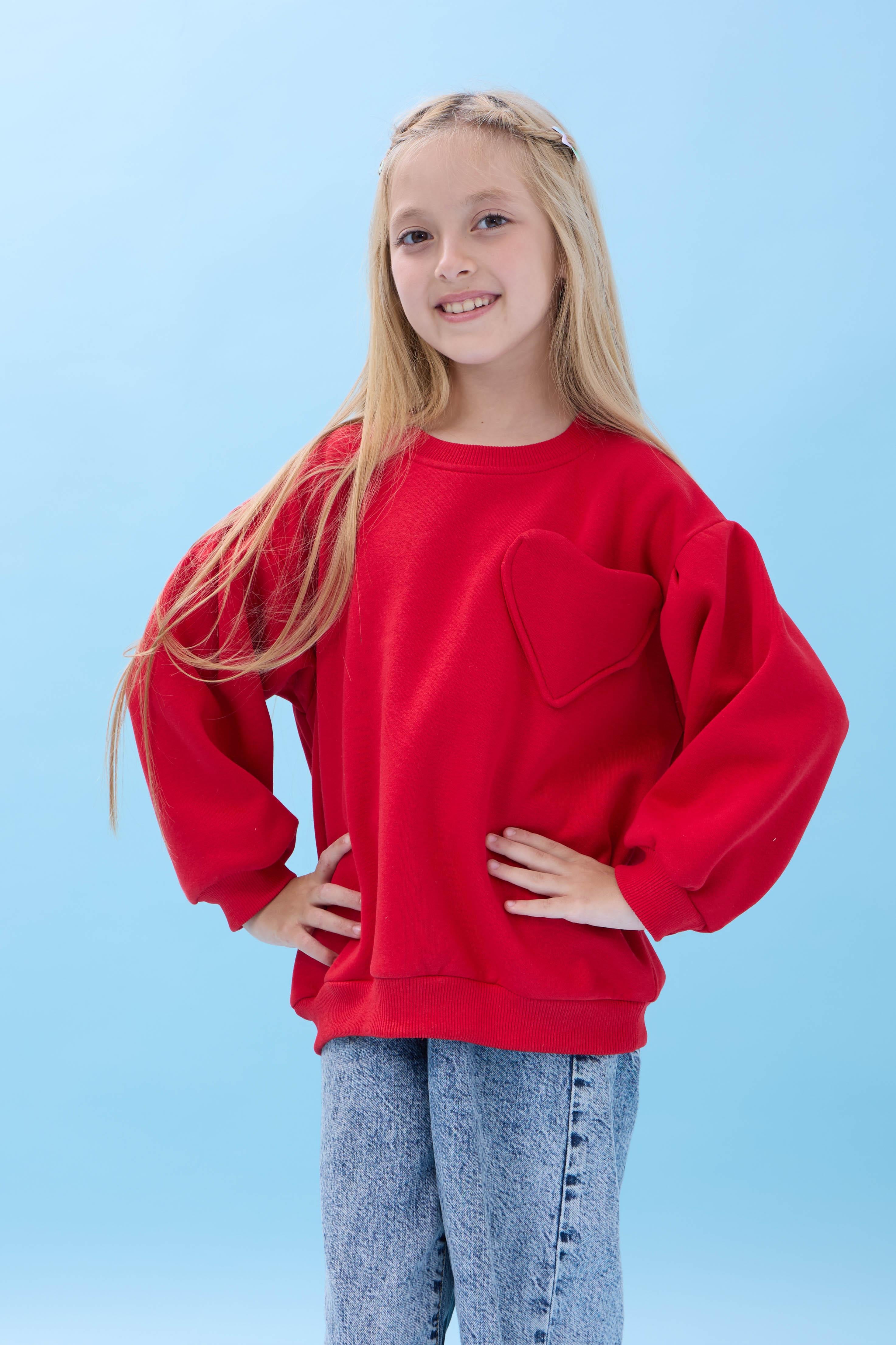Kız Çocuk Kalp Cep Detaylı Balon Kollu Şardonlu Sweatshirt - Kırmızı