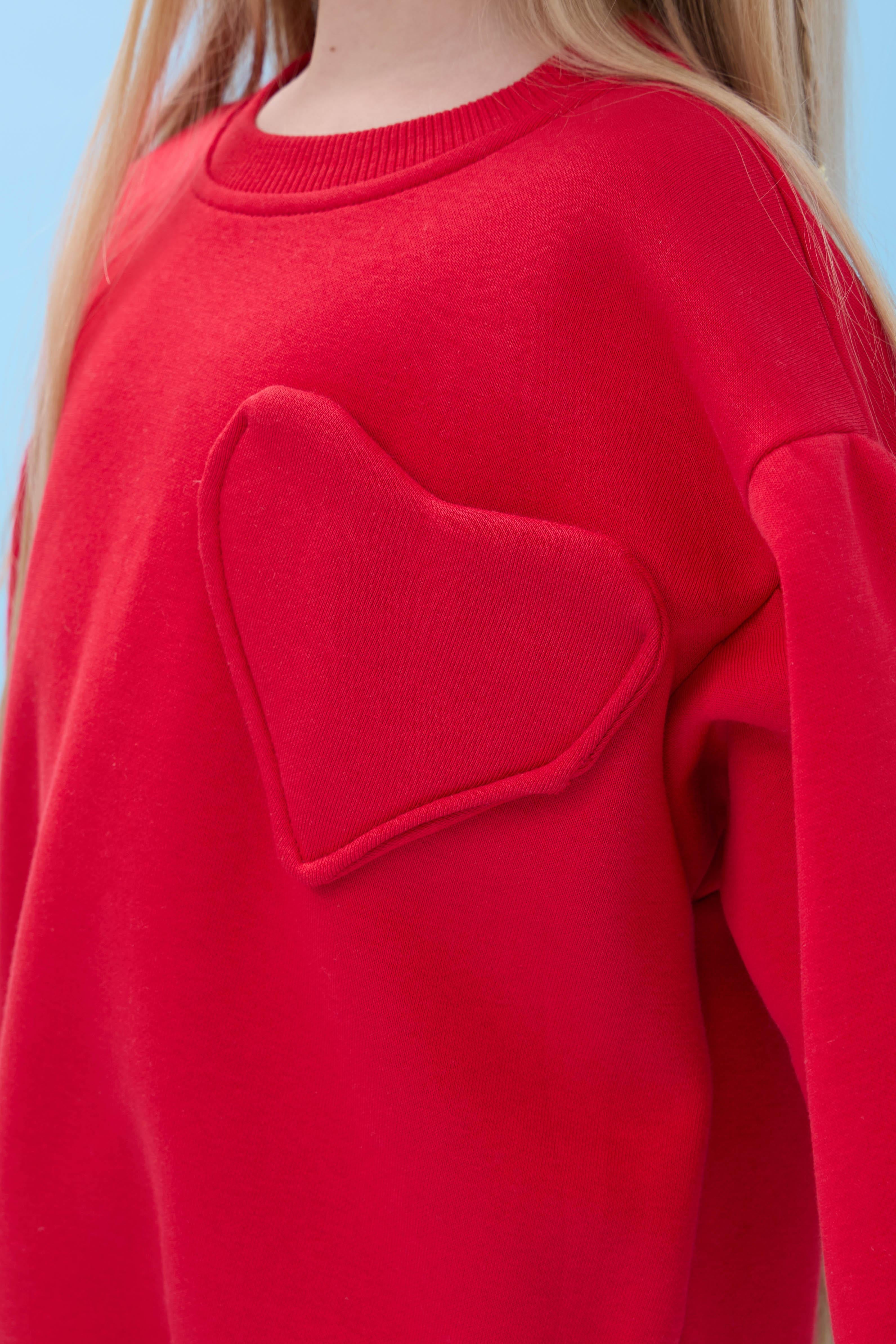 Kız Çocuk Kalp Cep Detaylı Balon Kollu Şardonlu Sweatshirt - Kırmızı