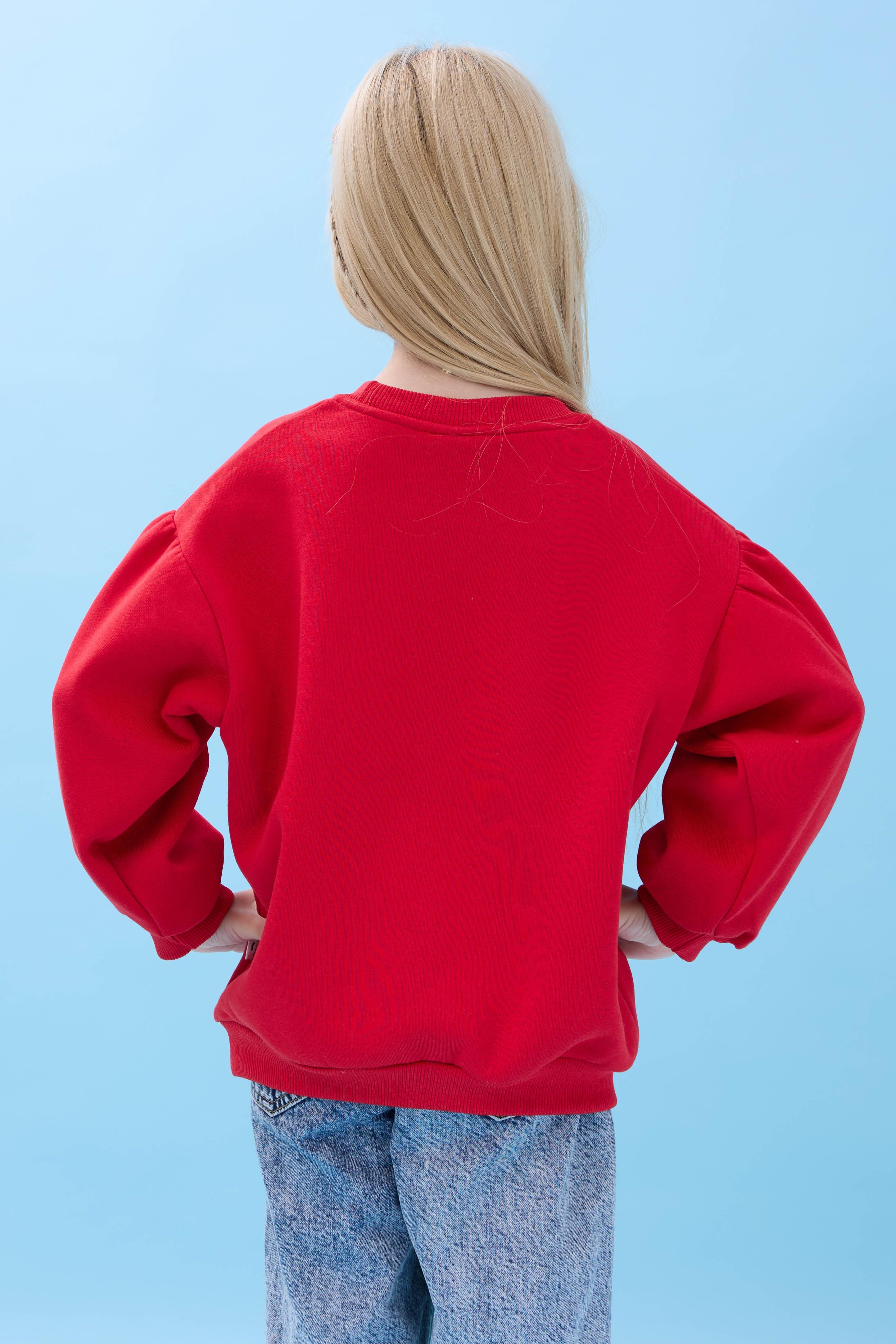 Kız Çocuk Kalp Cep Detaylı Balon Kollu Şardonlu Sweatshirt - Kırmızı