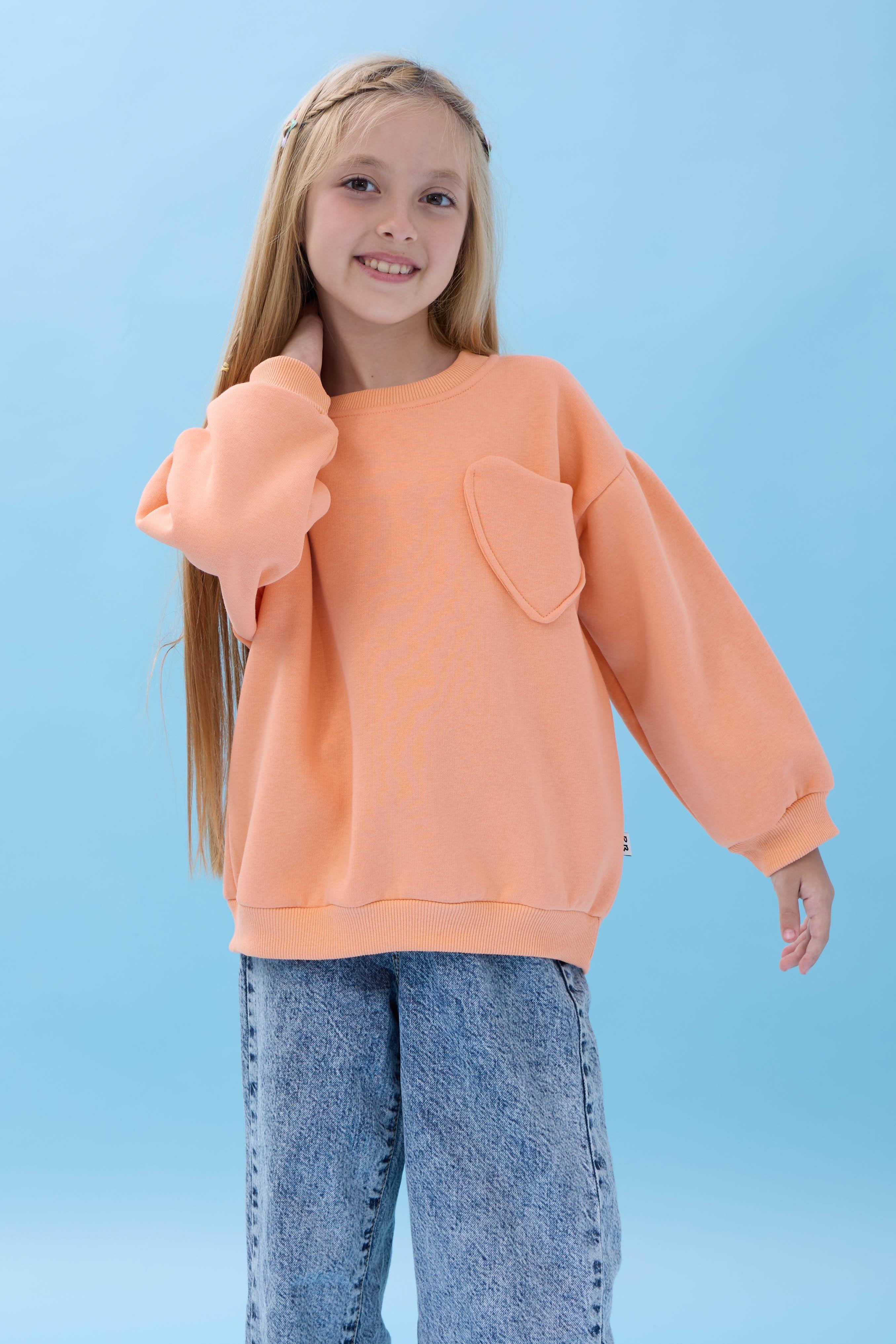 Kız Çocuk Kalp Cep Detaylı Balon Kollu Şardonlu Sweatshirt - Şeftali