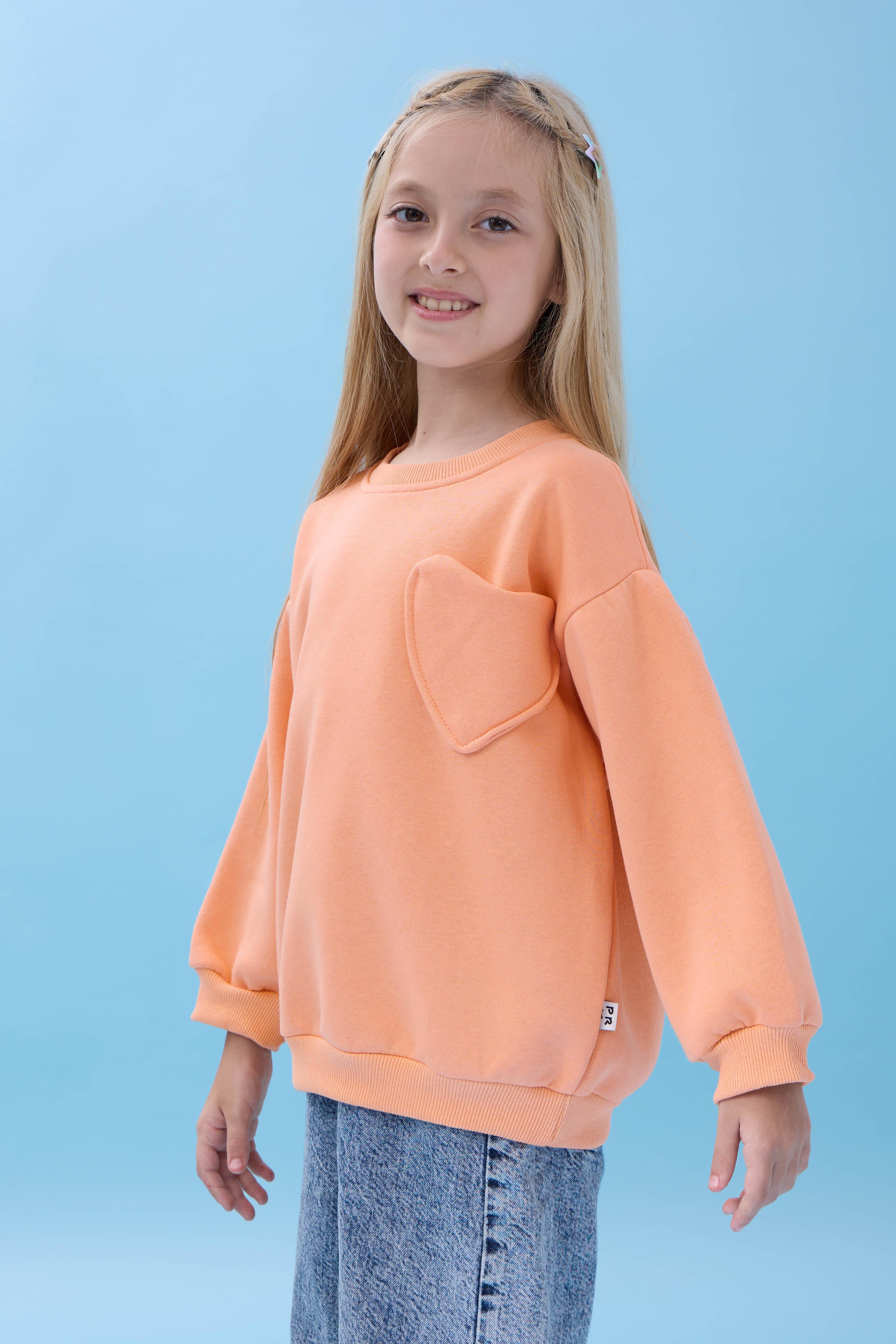 Kız Çocuk Kalp Cep Detaylı Balon Kollu Şardonlu Sweatshirt - Şeftali