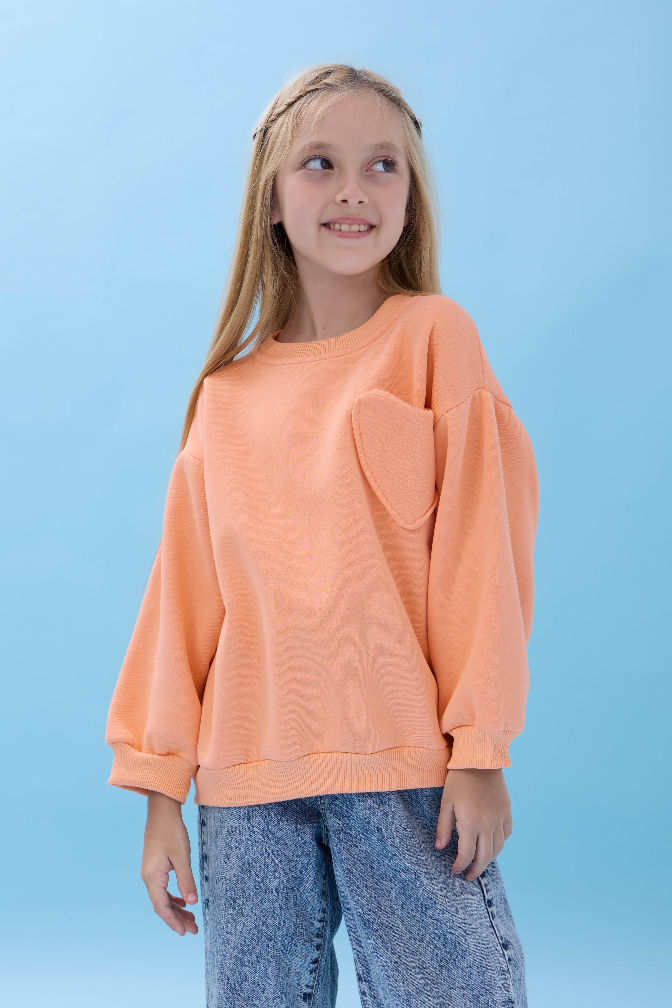 Kız Çocuk Kalp Cep Detaylı Balon Kollu Şardonlu Sweatshirt - Şeftali