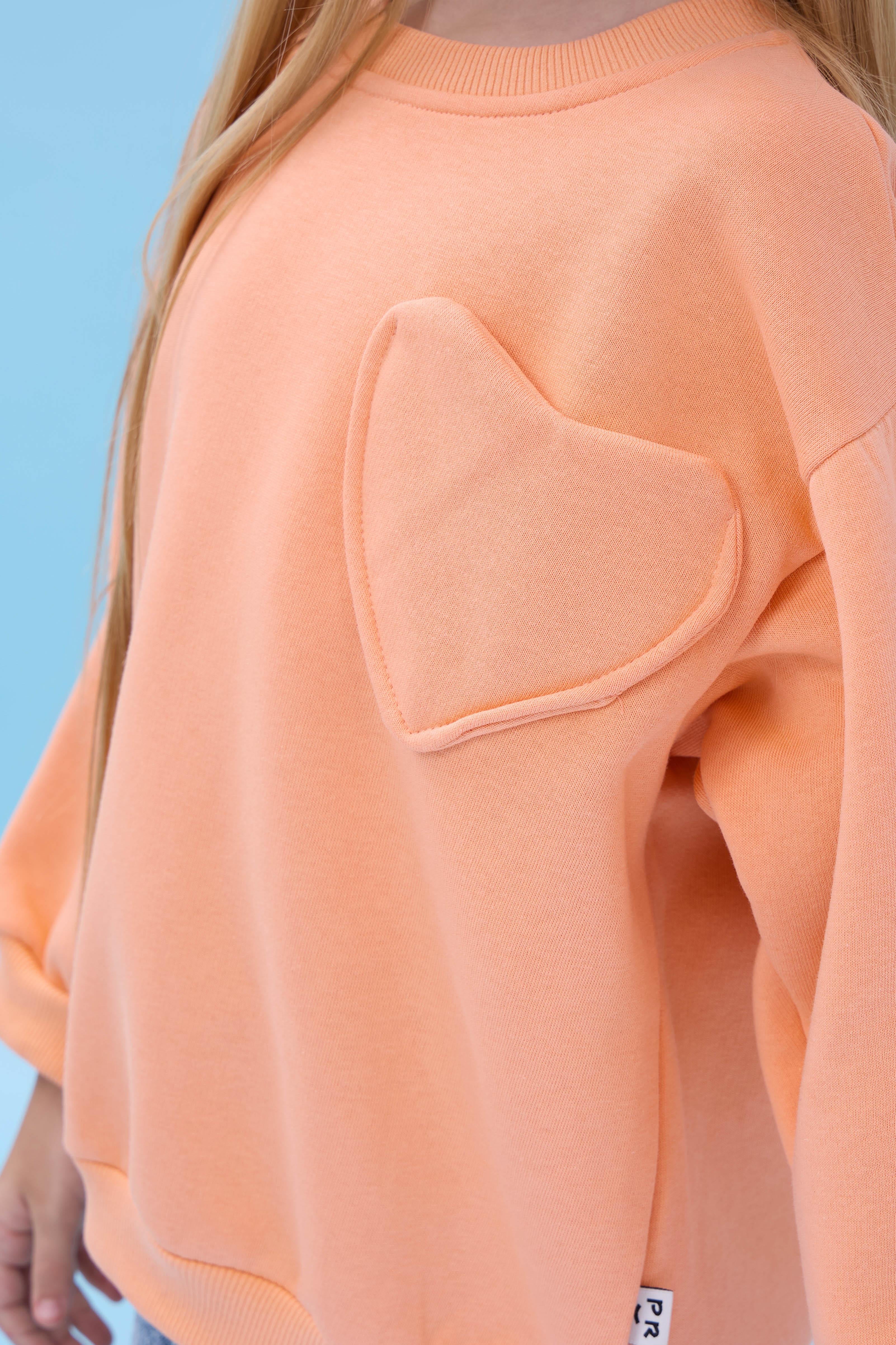 Kız Çocuk Kalp Cep Detaylı Balon Kollu Şardonlu Sweatshirt - Şeftali