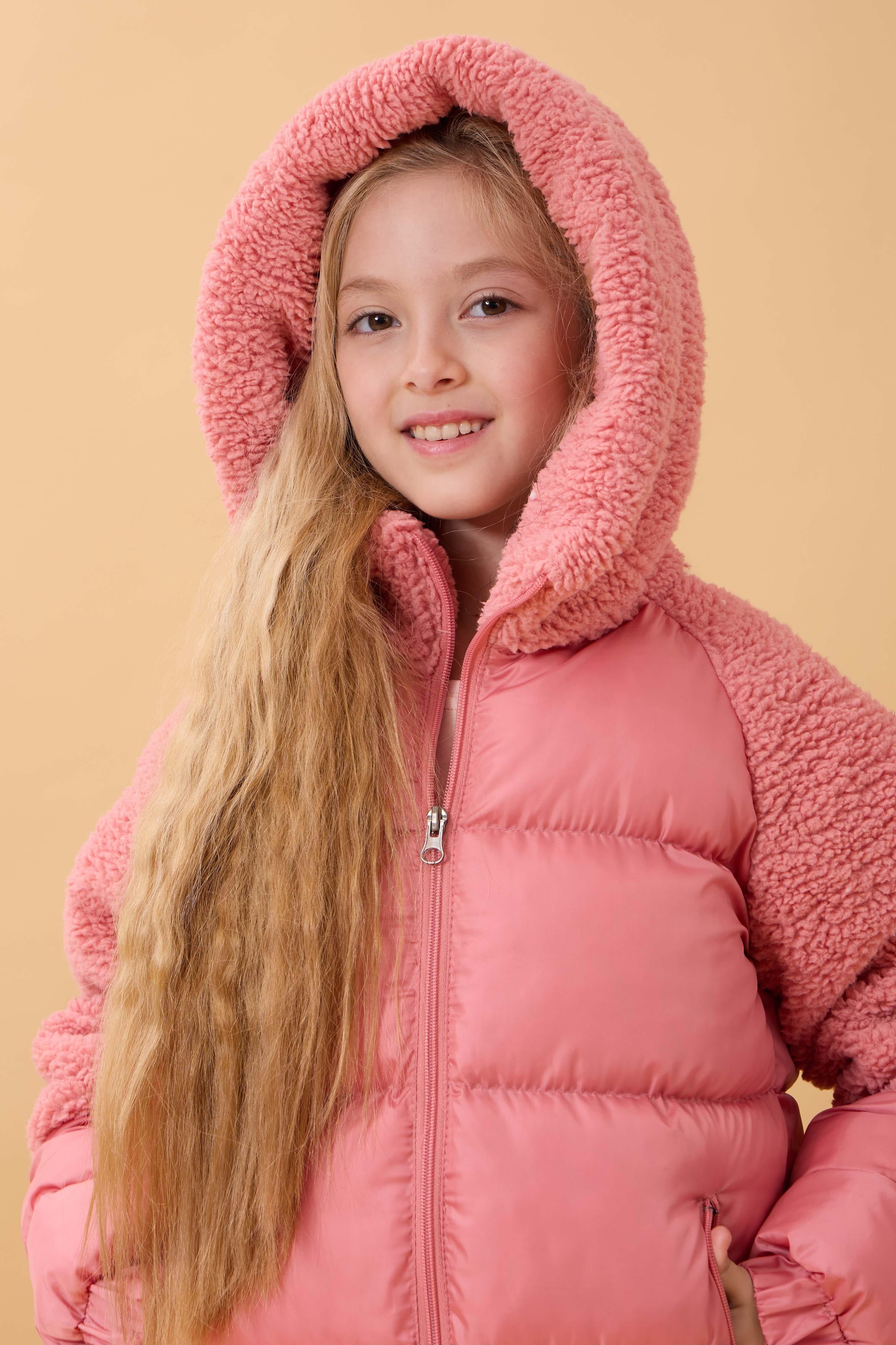 Kız Çocuk Kapüşon & Kol Peluşlu Şişme Mont