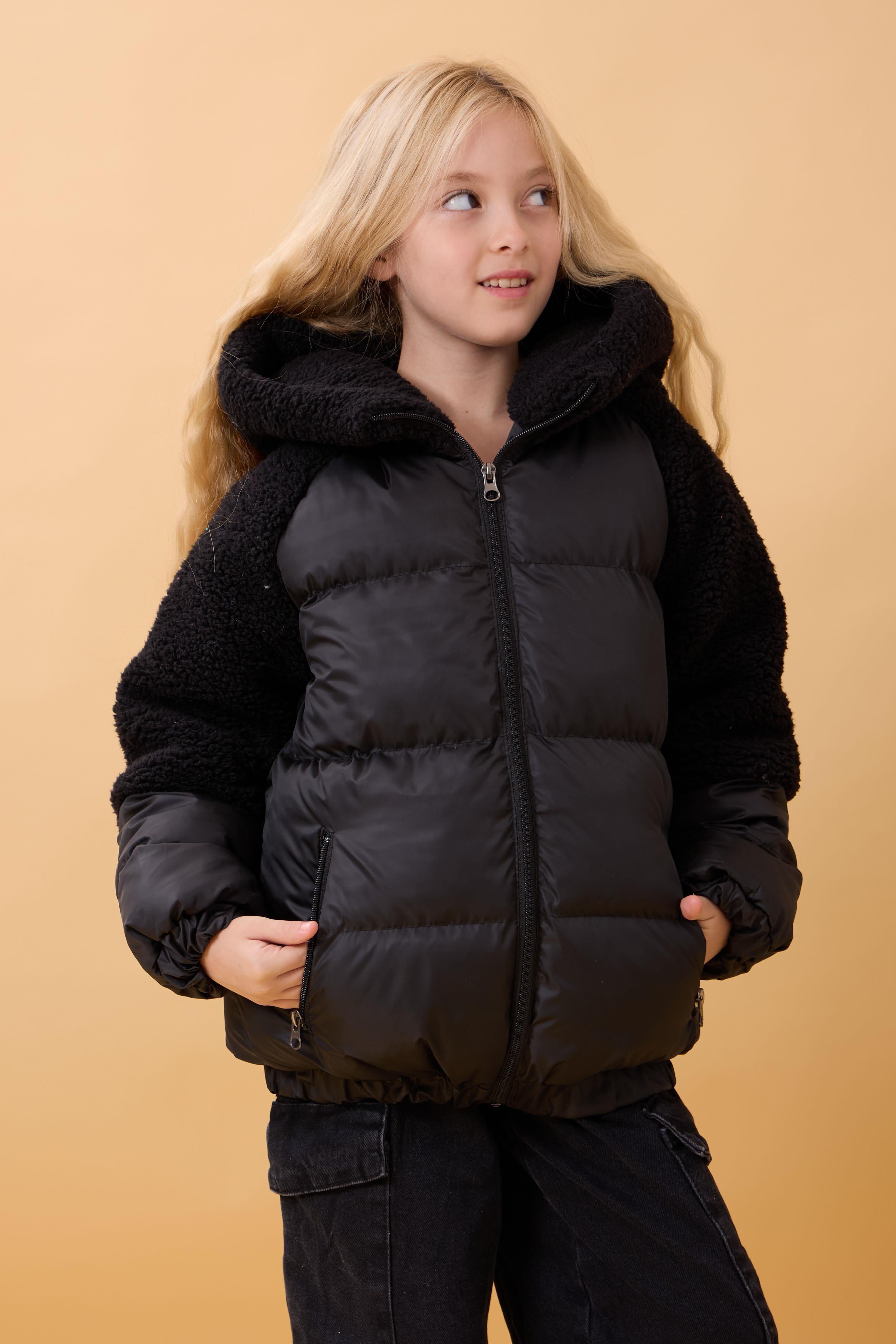 Kız Çocuk Kapüşon & Kol Peluşlu Şişme Mont