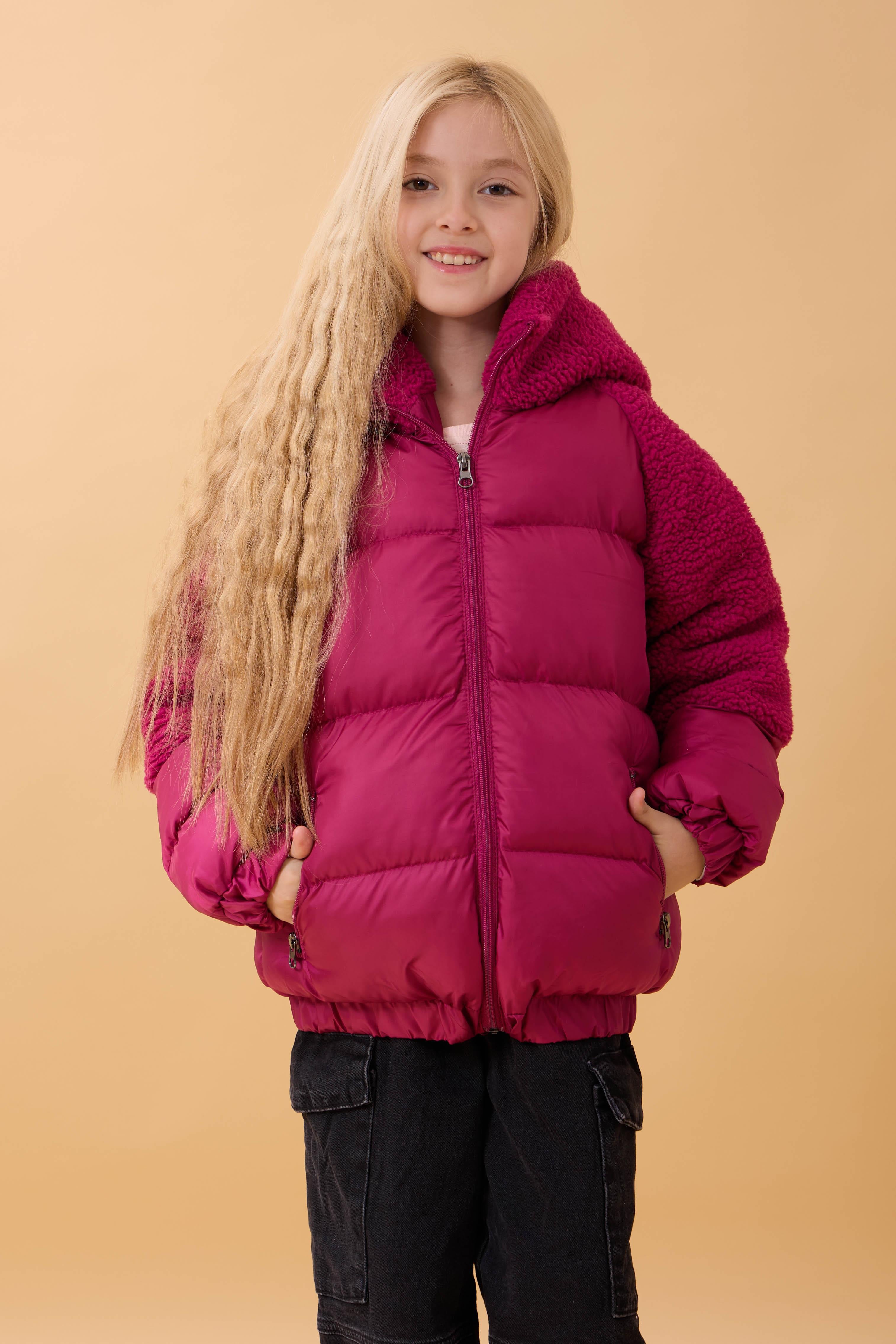 Kız Çocuk Kapüşon & Kol Peluşlu Şişme Mont