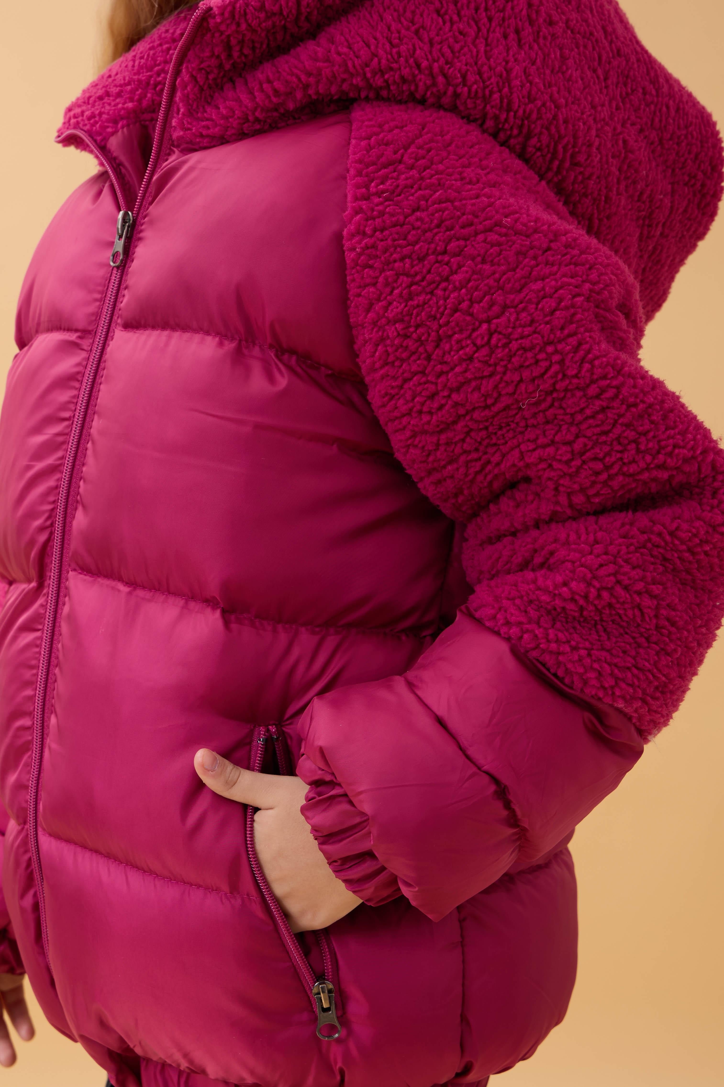 Kız Çocuk Kapüşon & Kol Peluşlu Şişme Mont