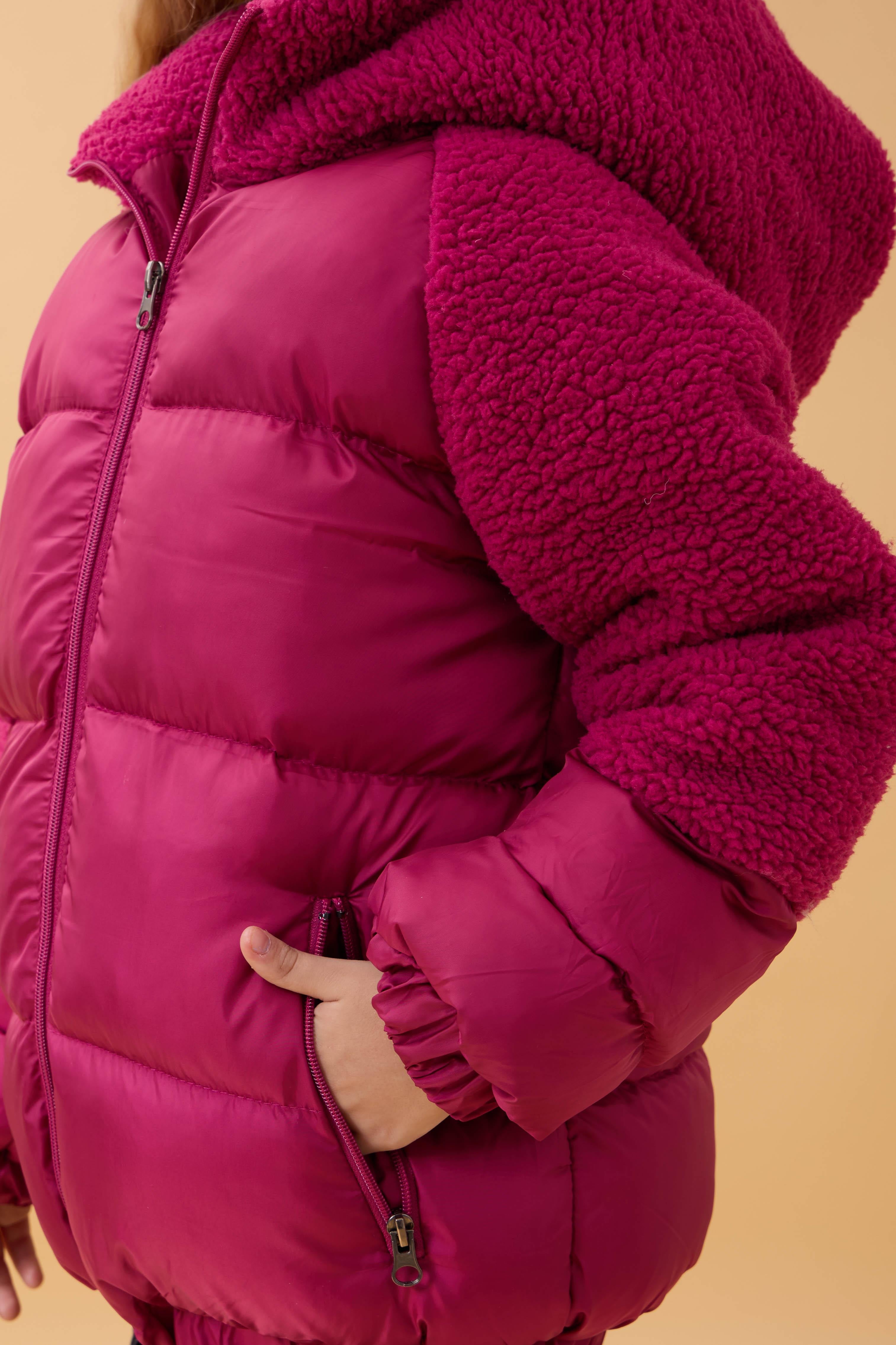 Kız Çocuk Kapüşon & Kol Peluşlu Şişme Mont – Gülkurusu