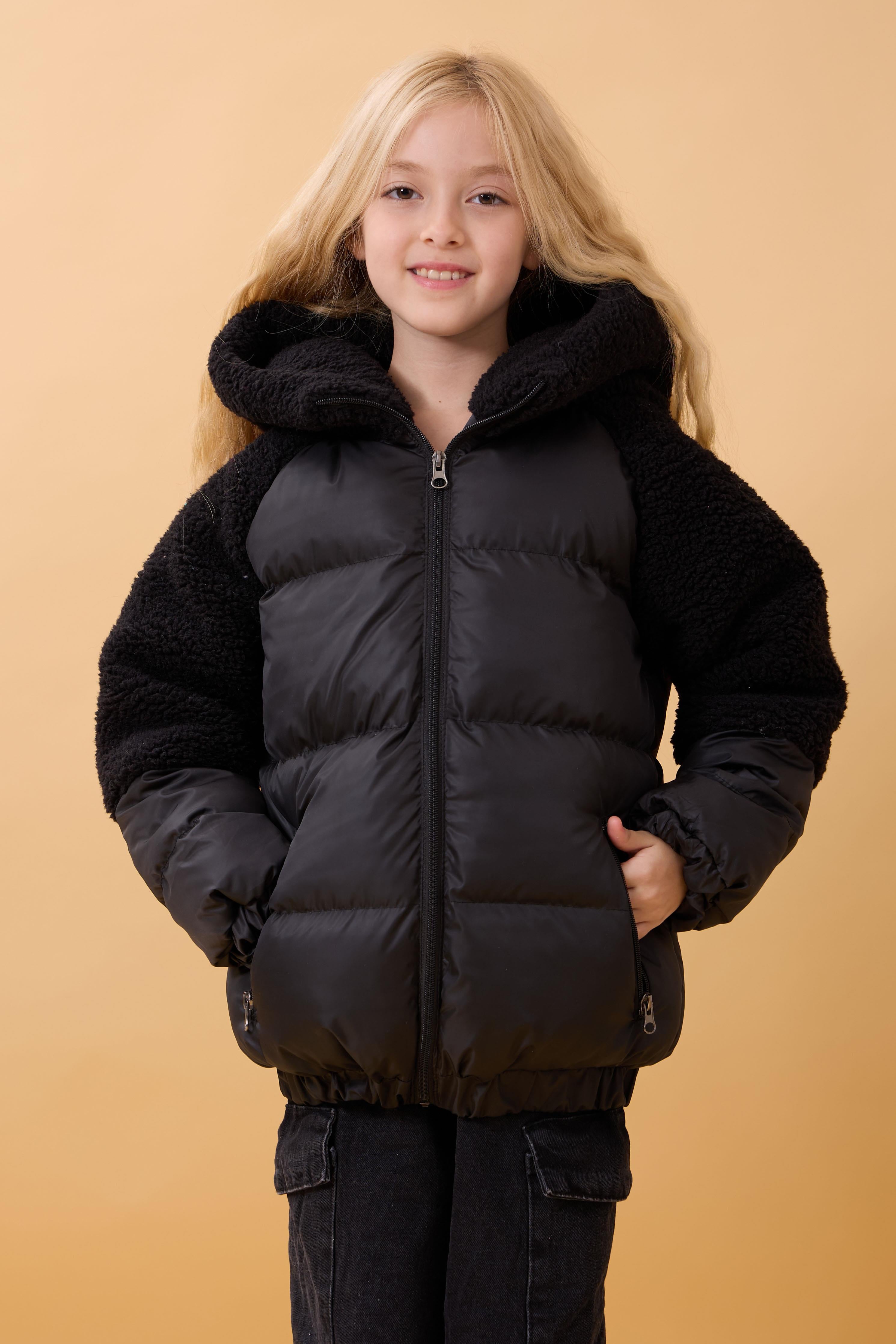 Kız Çocuk Kapüşon & Kol Peluşlu Şişme Mont – Siyah