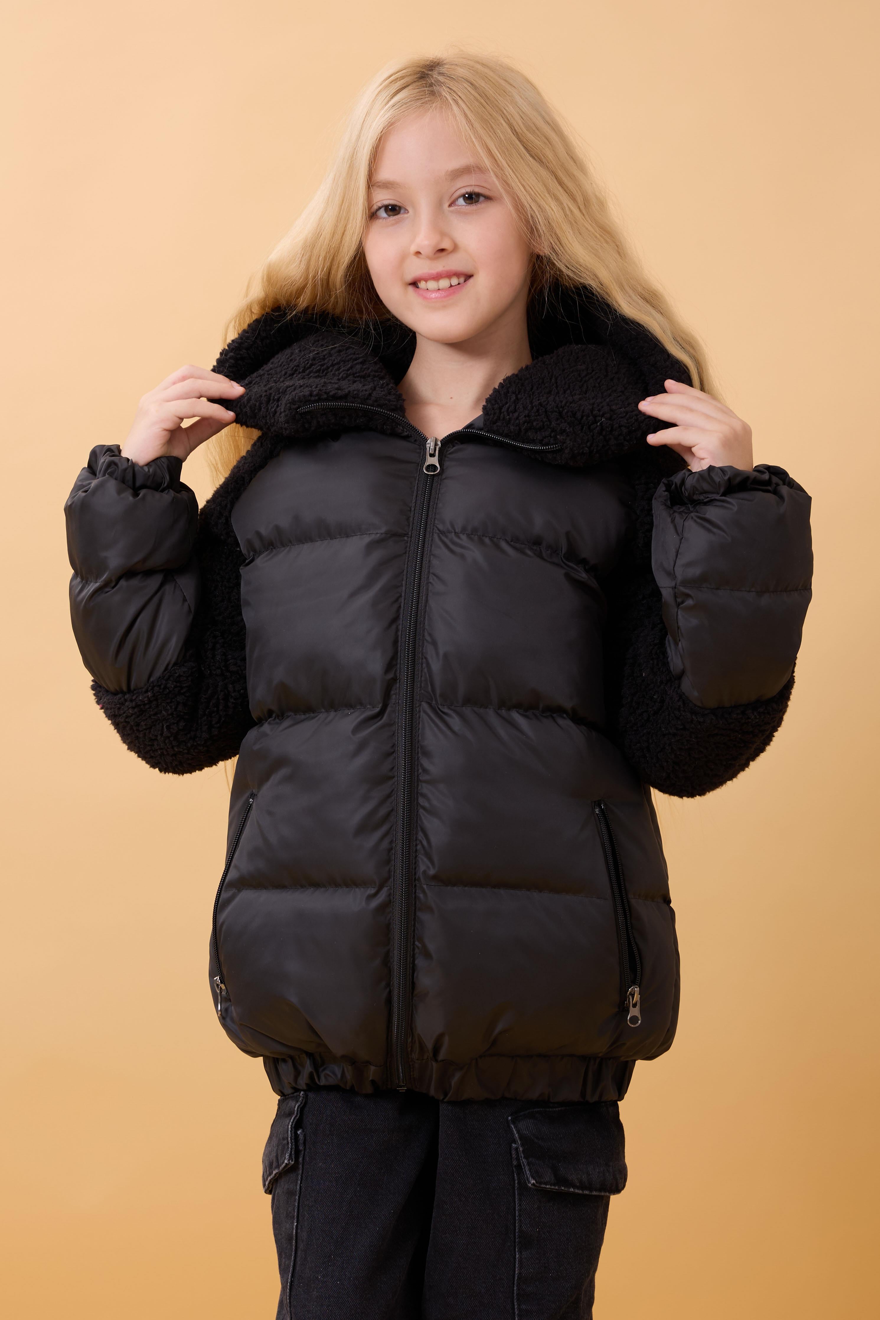 Kız Çocuk Kapüşon & Kol Peluşlu Şişme Mont – Siyah