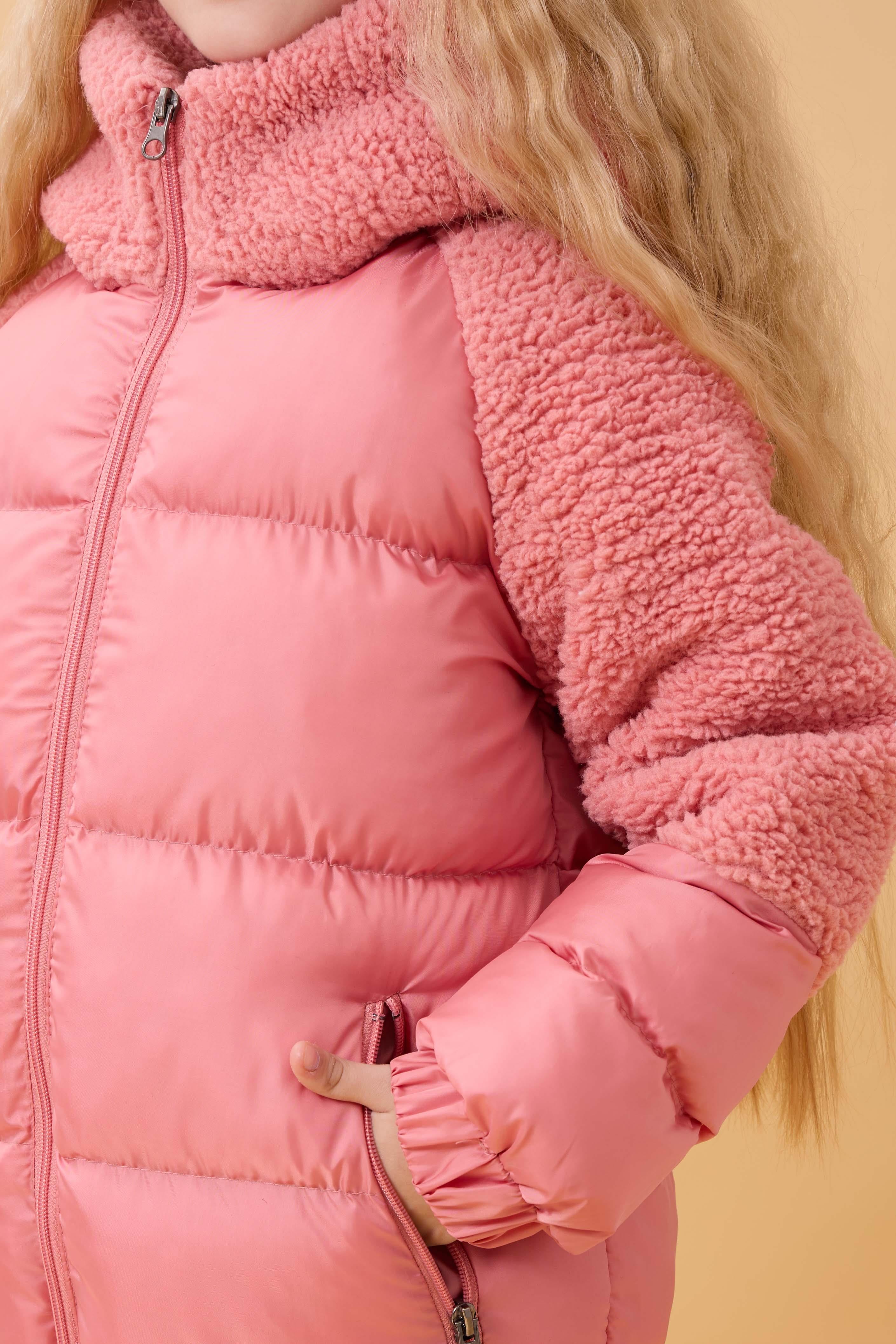 Kız Çocuk Kapüşon & Kol Peluşlu Şişme Mont – Somon