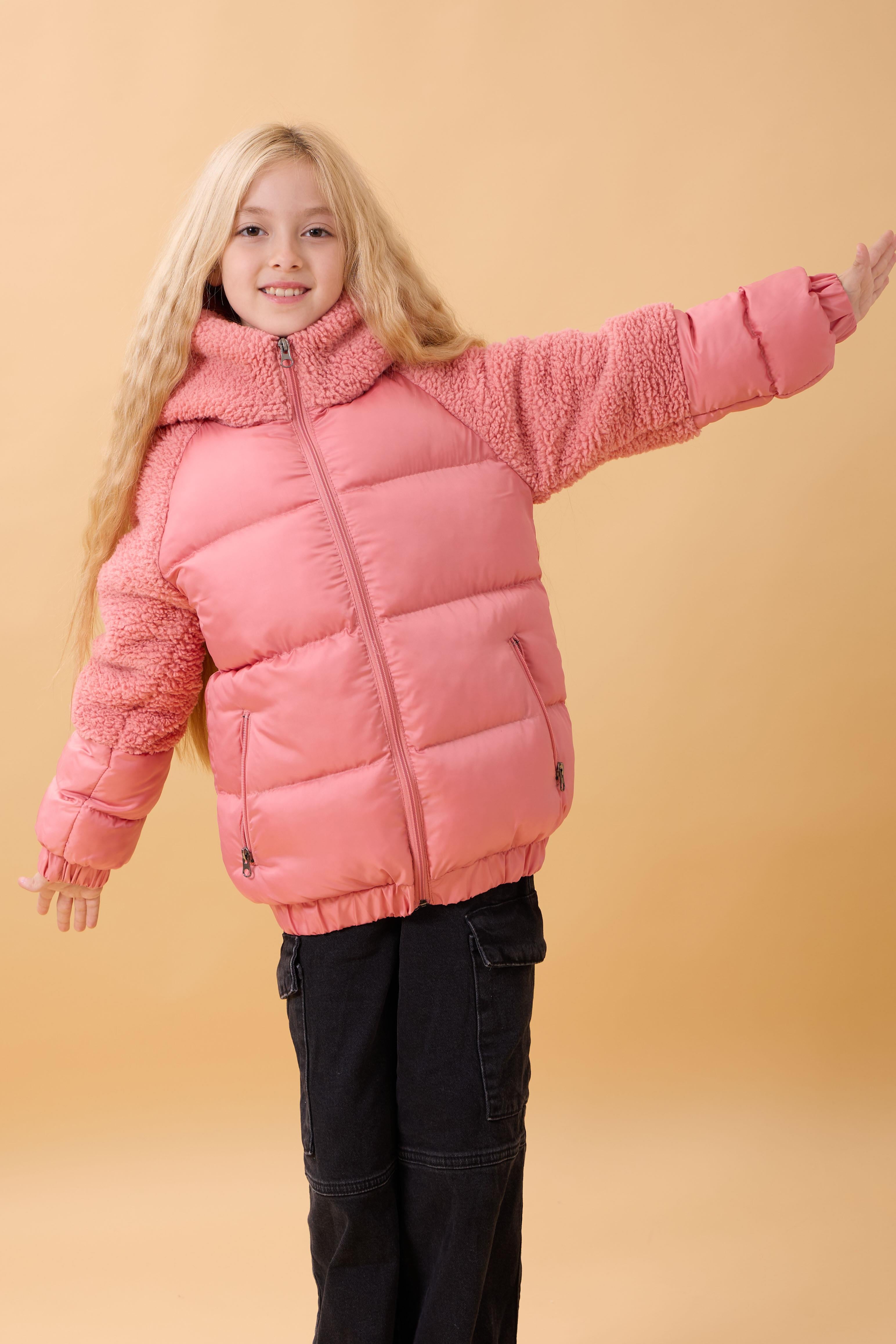 Kız Çocuk Kapüşon & Kol Peluşlu Şişme Mont – Somon