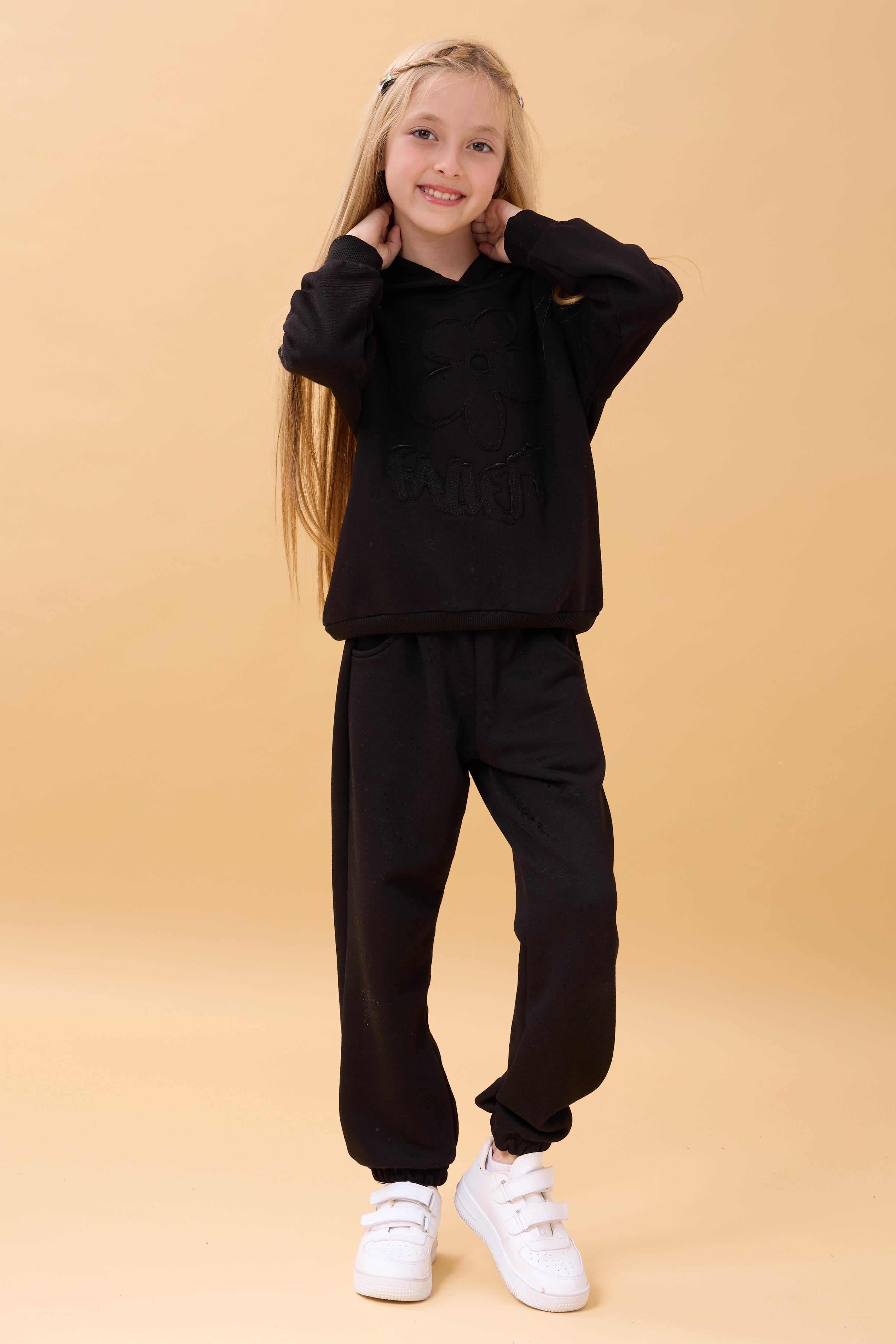 Kız Çocuk Kapüşonlu Çiçek Aplikeli Alt Üst Mevsimlik Takım