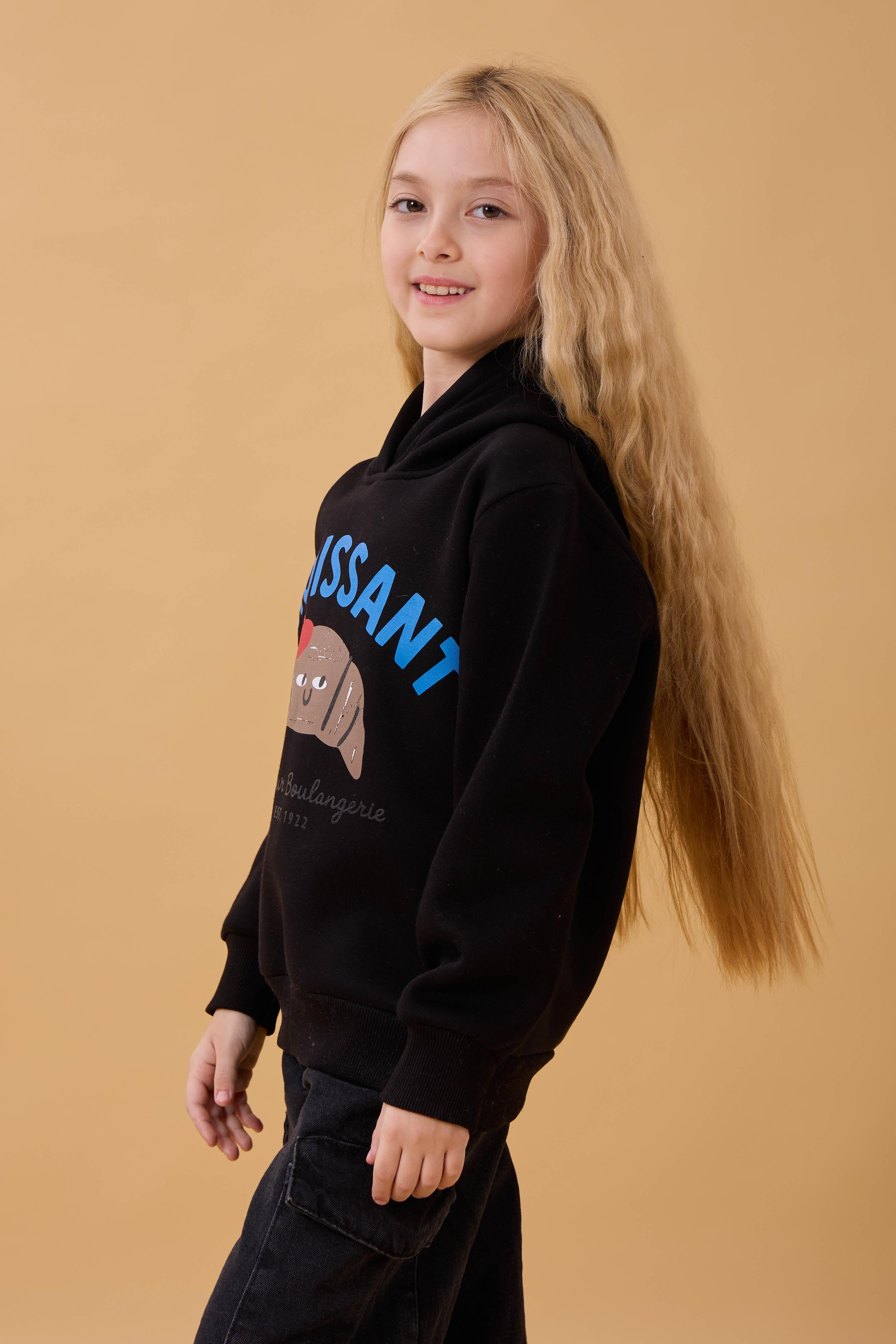 Kız Çocuk Kapüşonlu Kruvasan Baskılı İçi Polarlı Sweatshirt