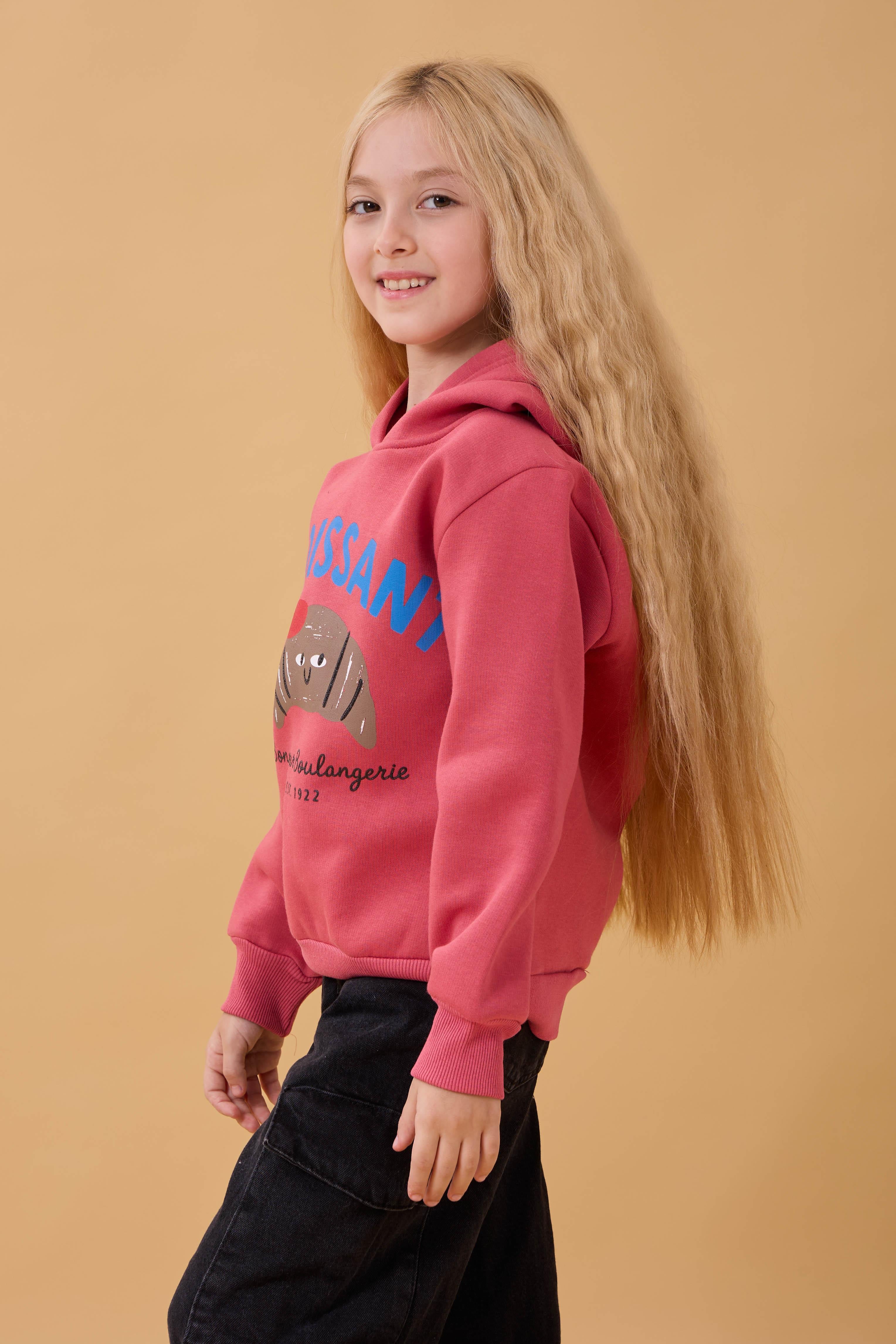 Kız Çocuk Kapüşonlu Kruvasan Baskılı İçi Polarlı Sweatshirt