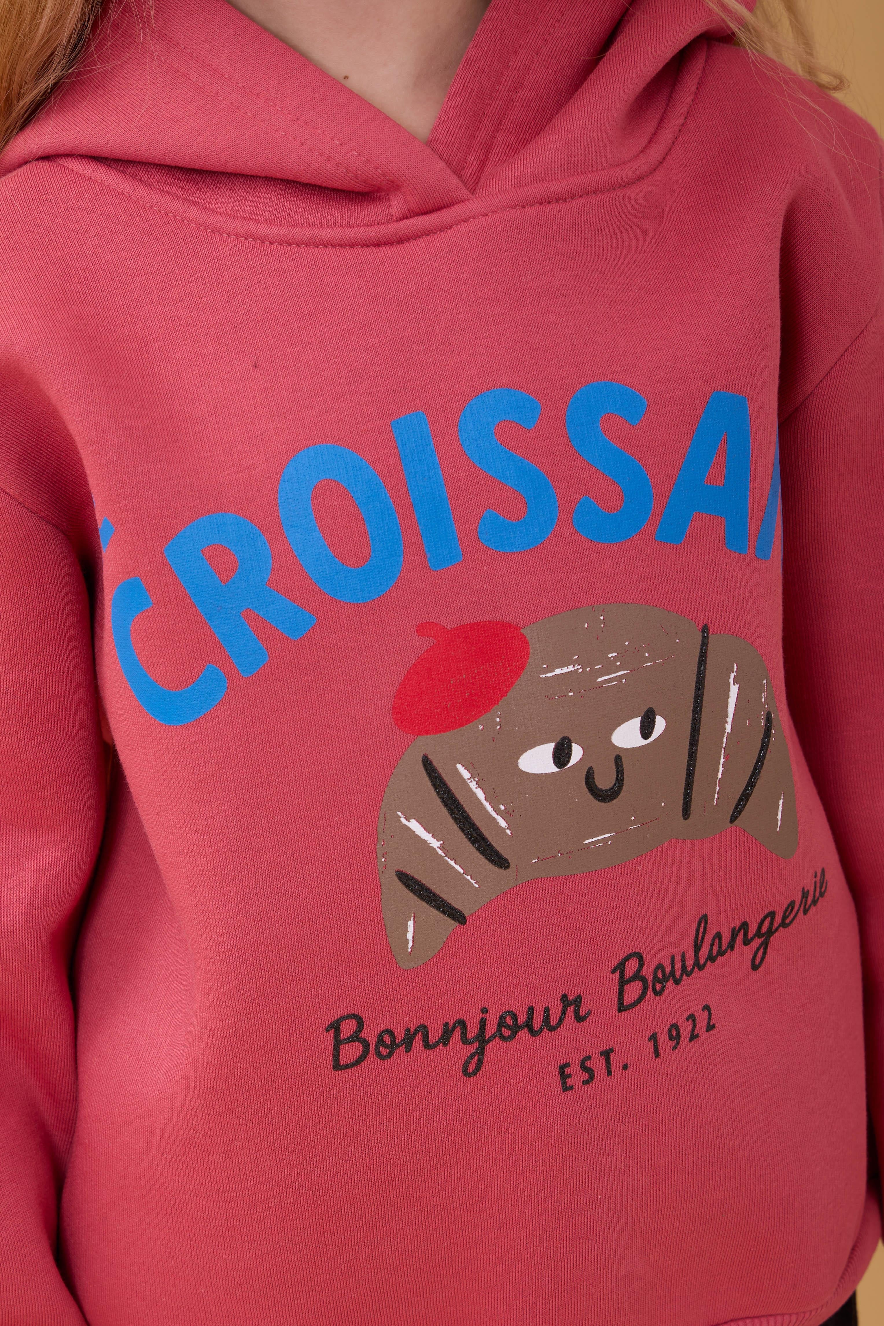 Kız Çocuk Kapüşonlu Kruvasan Baskılı İçi Polarlı Sweatshirt