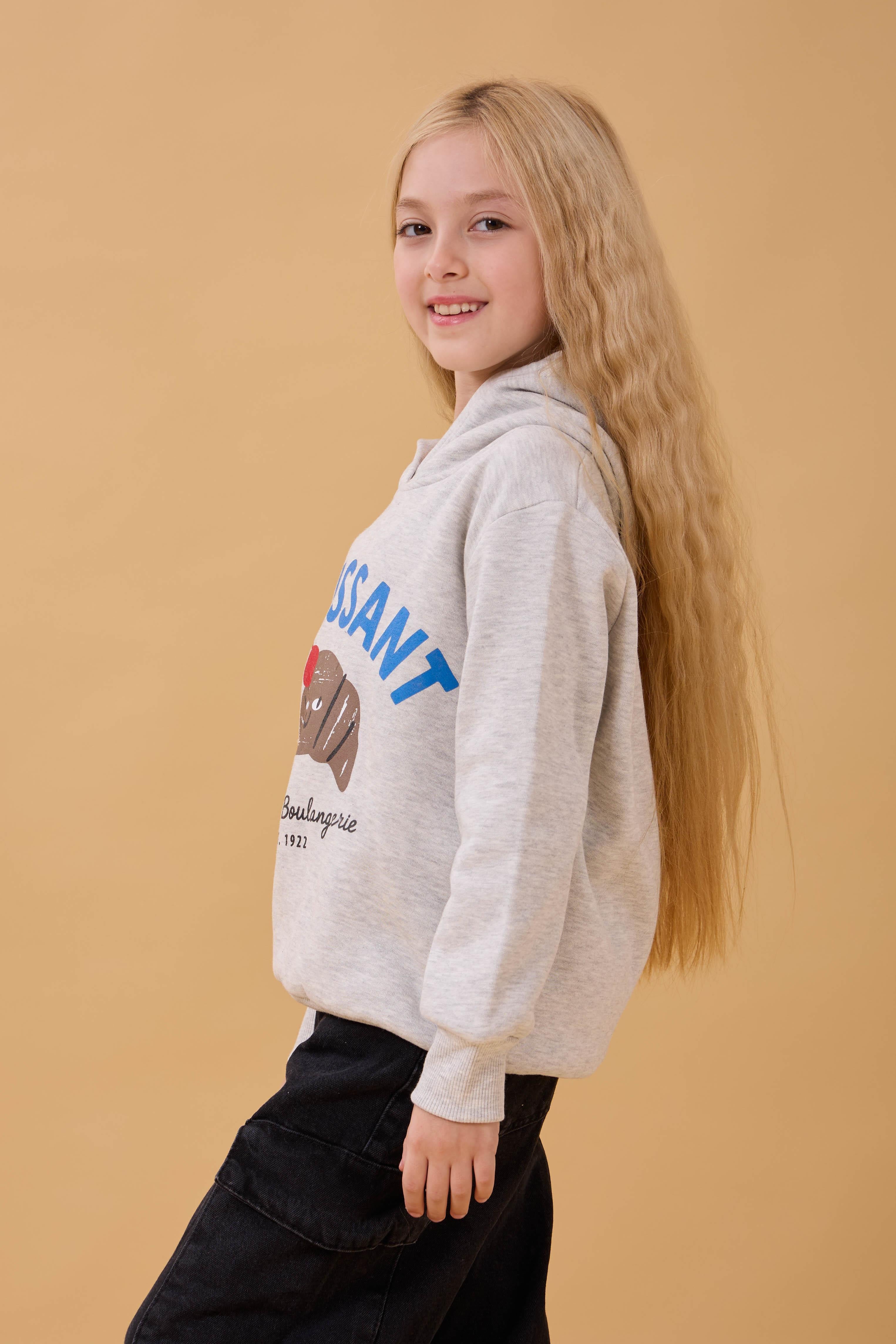 Kız Çocuk Kapüşonlu Kruvasan Baskılı İçi Polarlı Sweatshirt