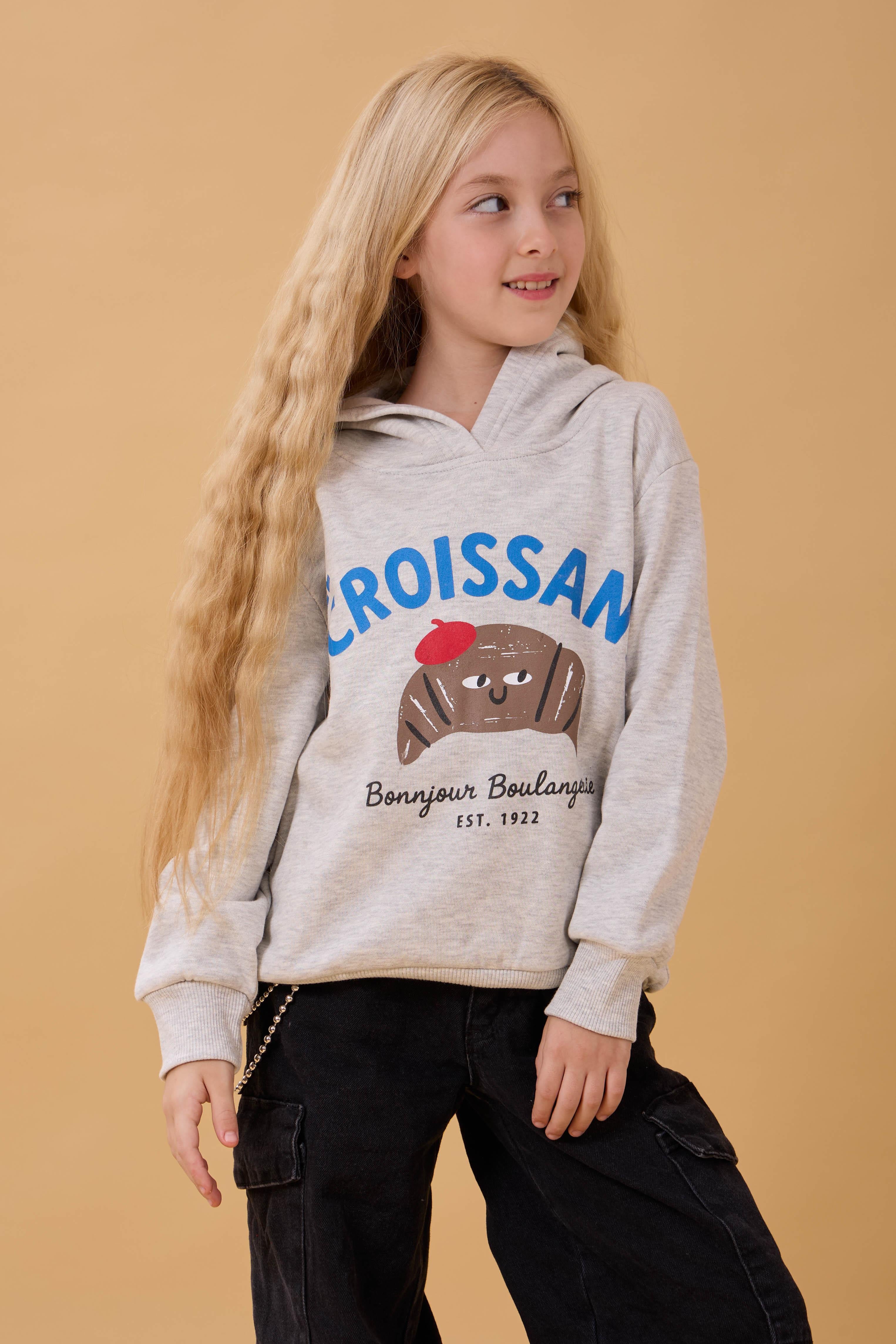 Kız Çocuk Kapüşonlu Kruvasan Baskılı İçi Polarlı Sweatshirt Gri Melanj