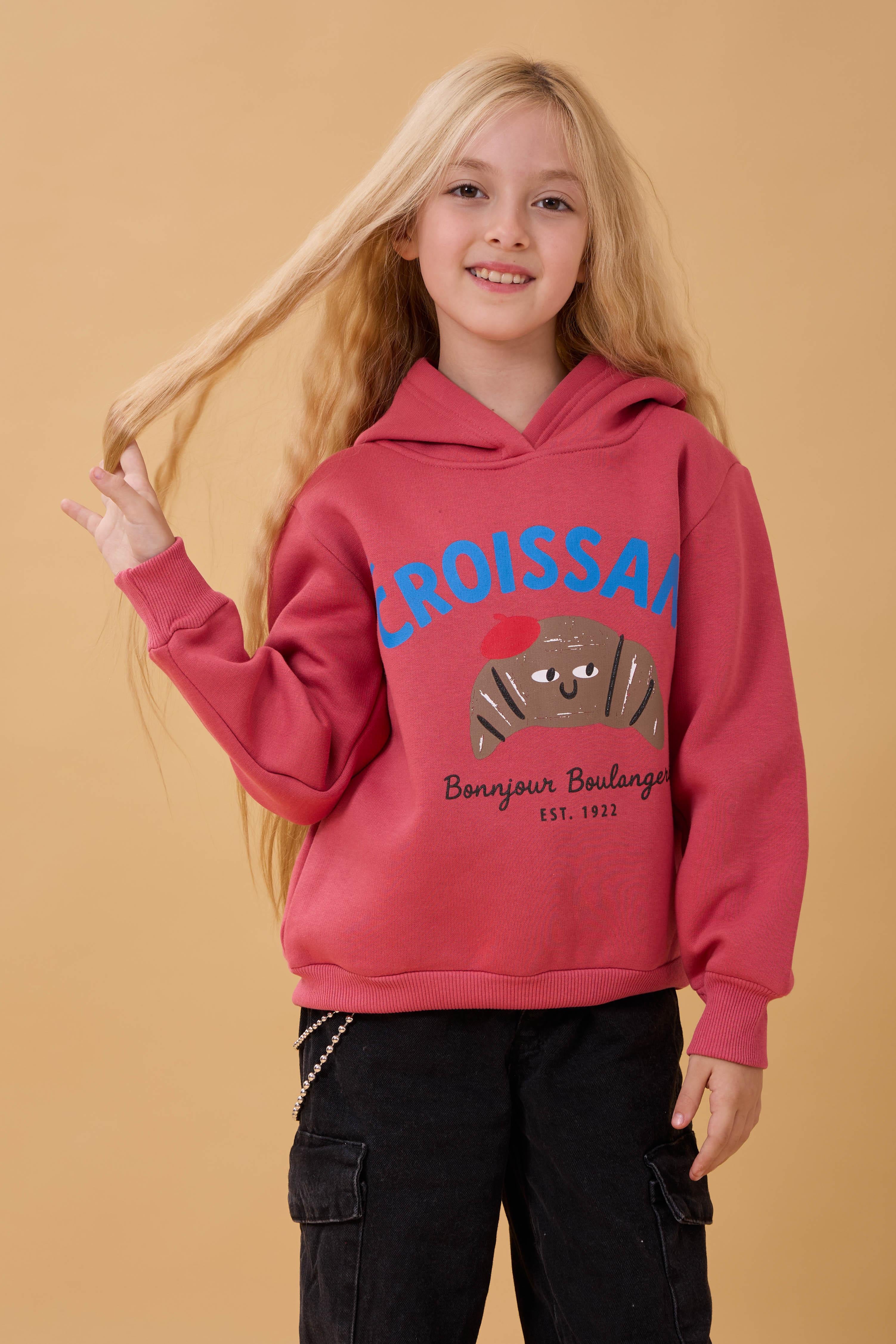 Kız Çocuk Kapüşonlu Kruvasan Baskılı İçi Polarlı Sweatshirt Gülkurusu