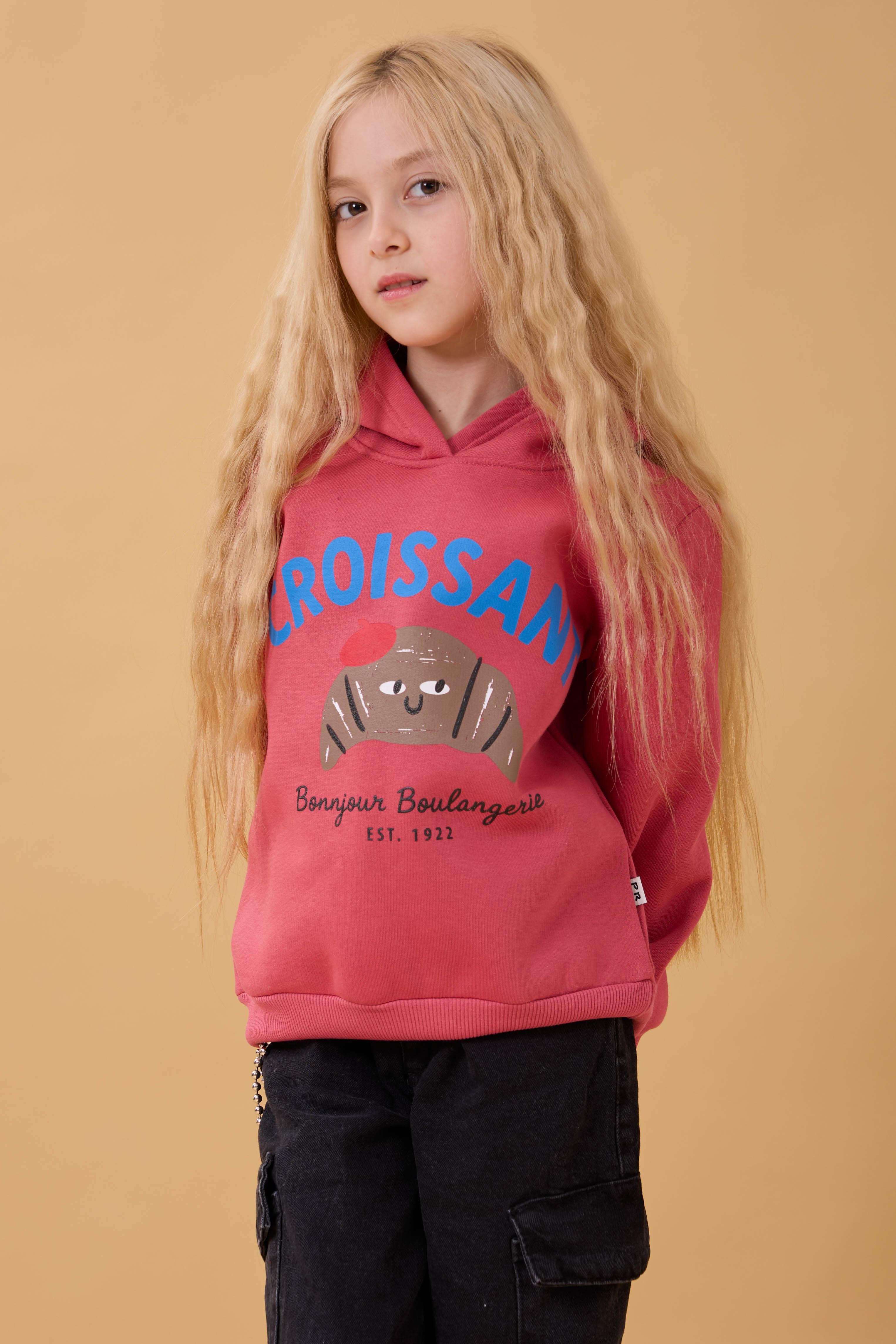 Kız Çocuk Kapüşonlu Kruvasan Baskılı İçi Polarlı Sweatshirt Gülkurusu