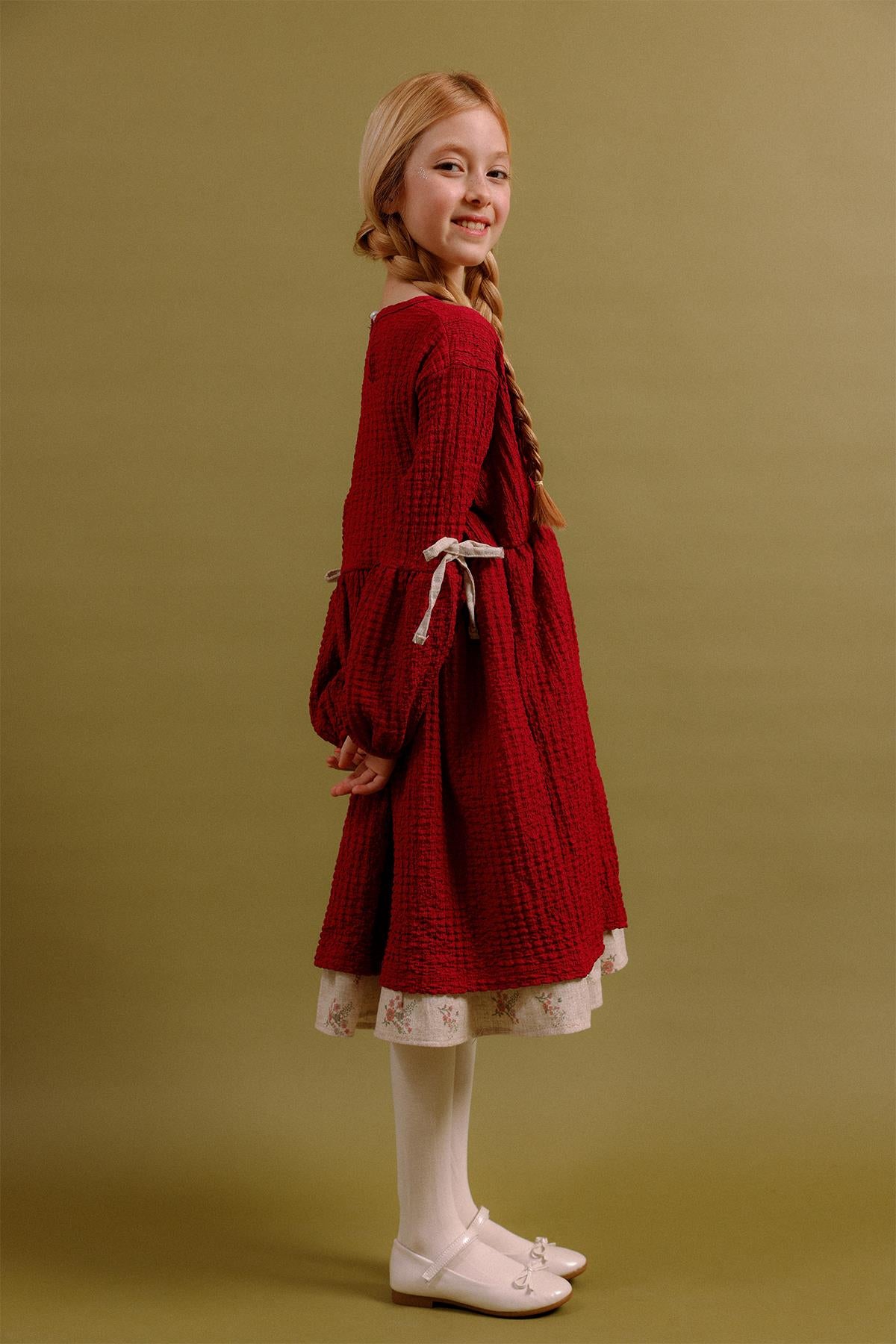 Kız Çocuk Keten Etekli Vintage Özel Gün Elbisesi