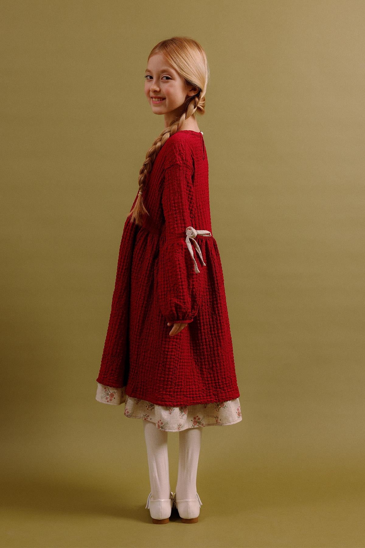 Kız Çocuk Keten Etekli Vintage Özel Gün Elbisesi