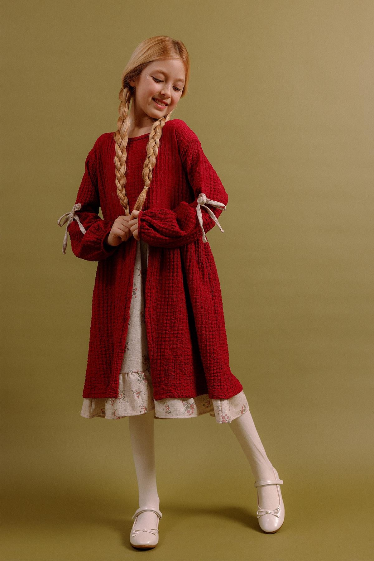 Kız Çocuk Keten Etekli Vintage Özel Gün Elbisesi