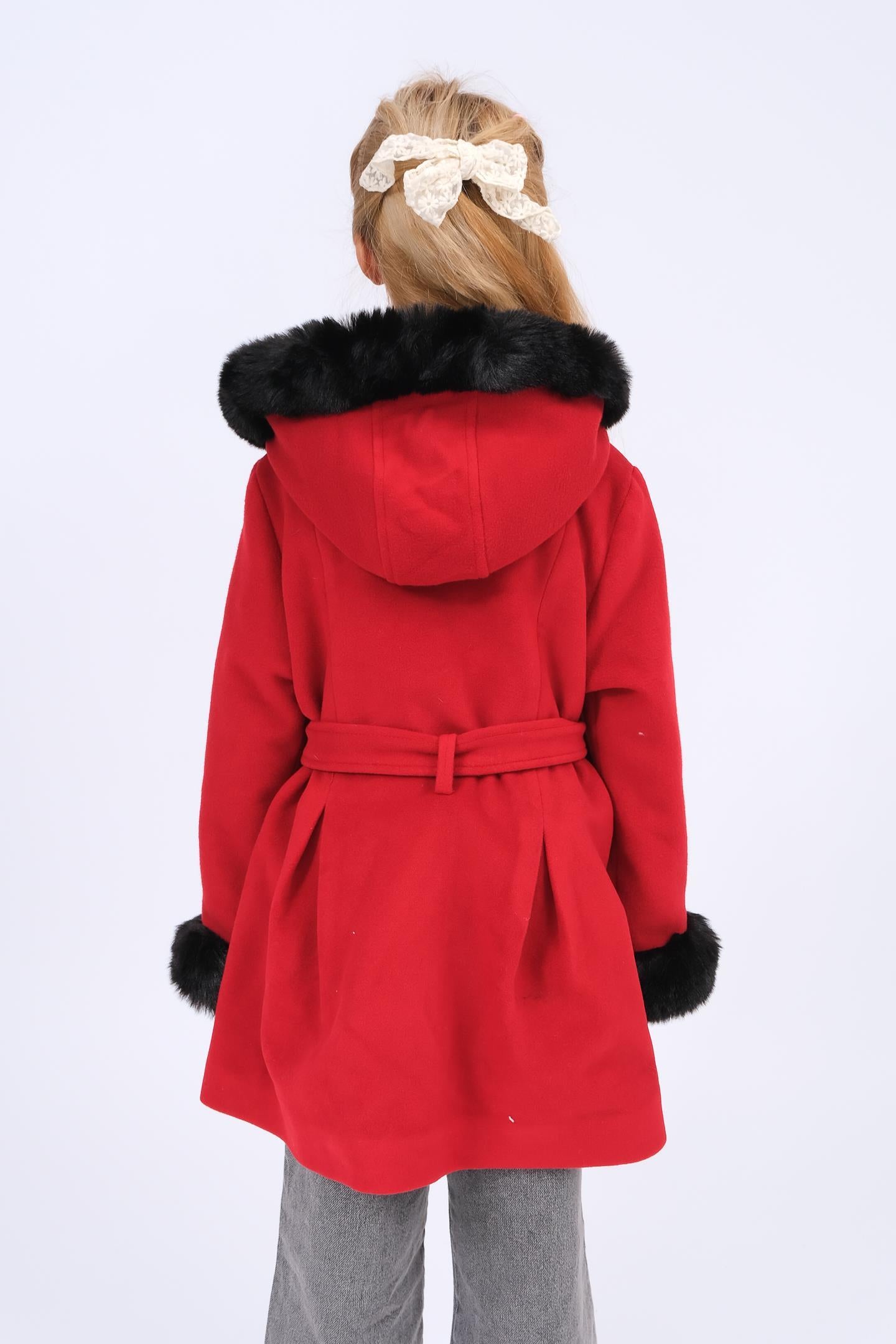 Kız Çocuk Kürk Detaylı Kapüşonlu Kuşaklı Kaşe Kaban