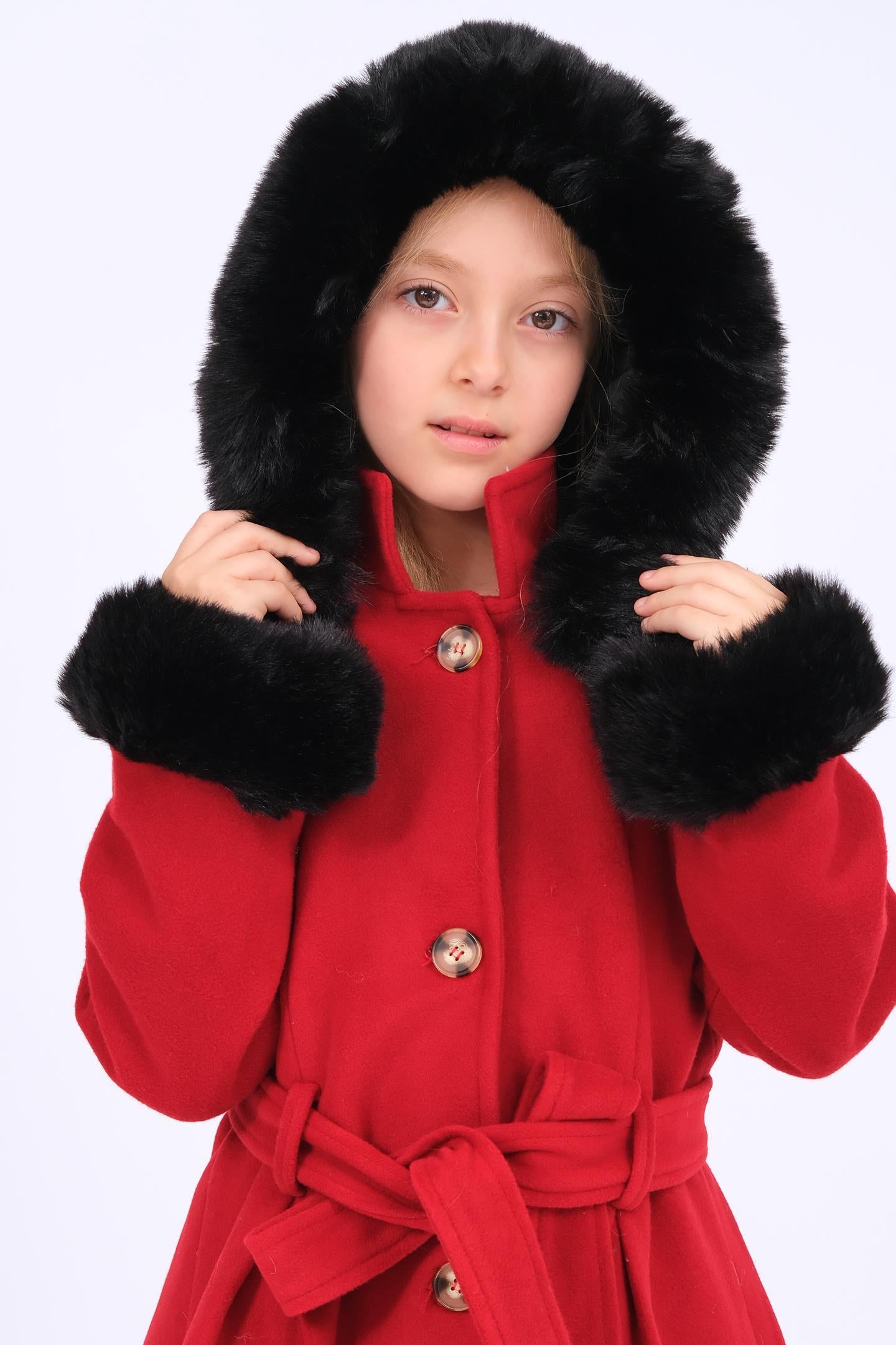 Kız Çocuk Kürk Detaylı Kapüşonlu Kuşaklı Kaşe Kaban