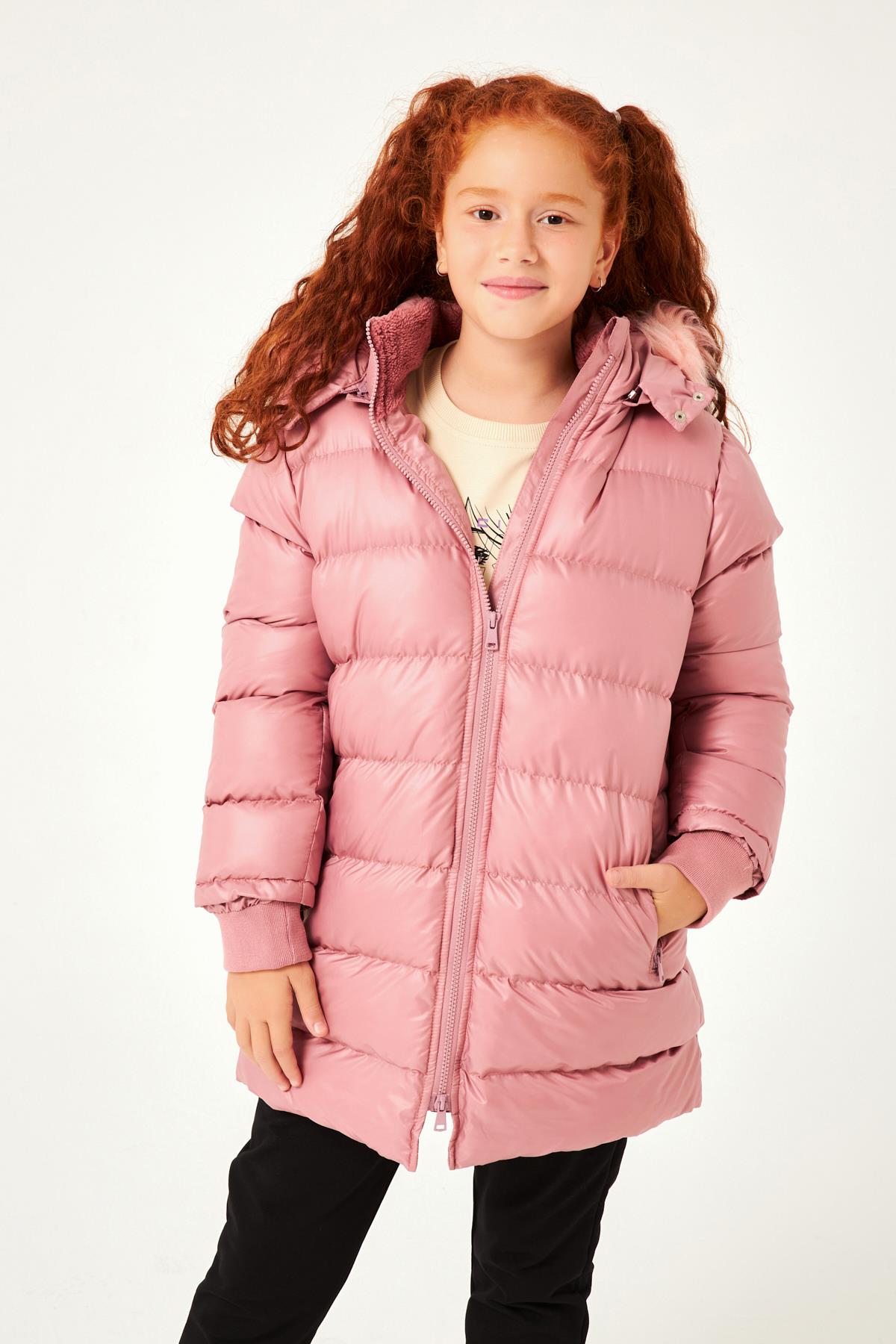 Kürk Kapüşonlu Kız Çocuk Mont Gül Kurusu - Perendi