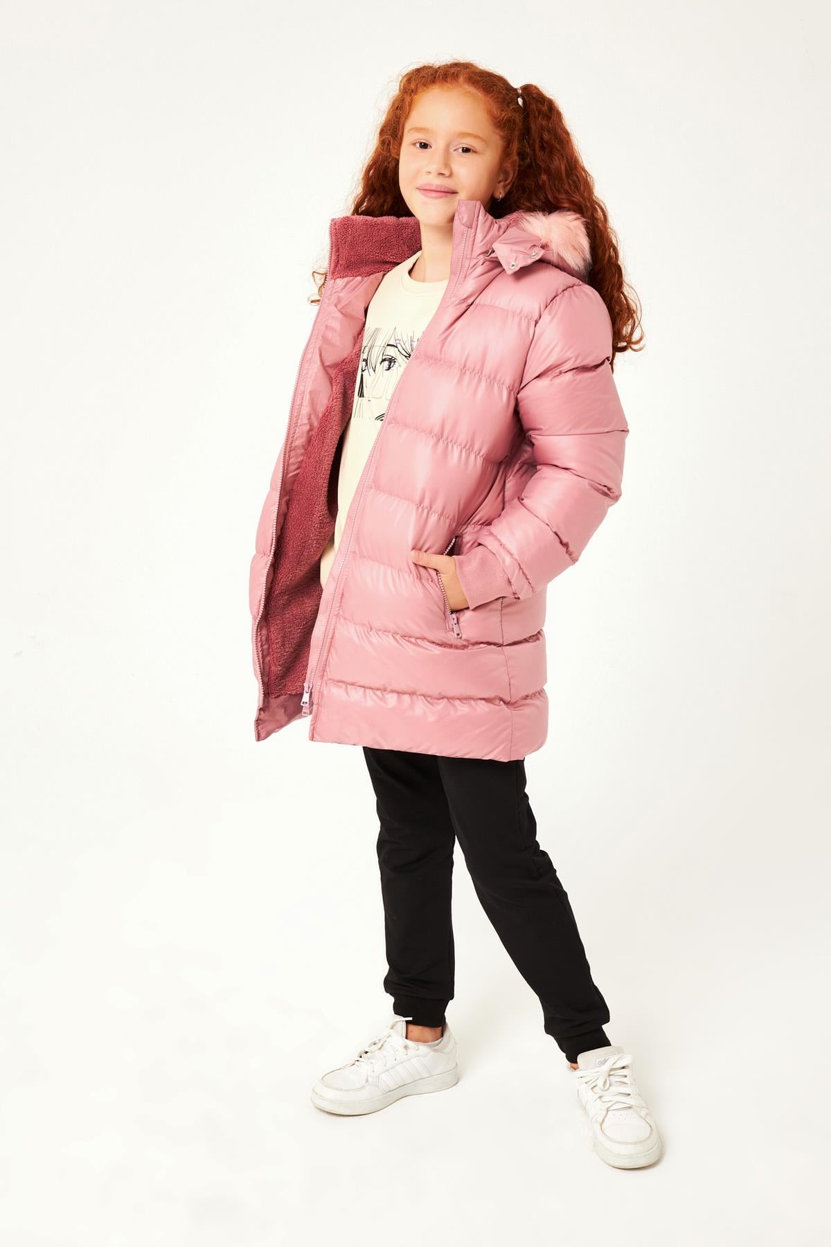 Kürk Kapüşonlu Kız Çocuk Mont Gül Kurusu - Perendi