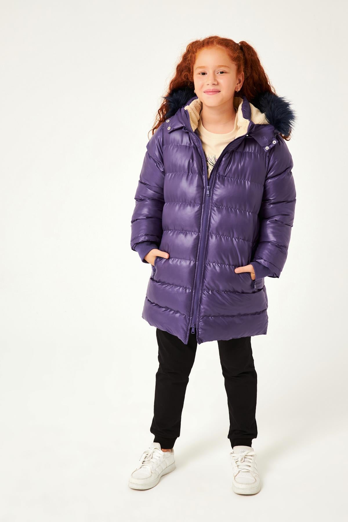 Kürk Kapüşonlu Kız Çocuk Mont Mor - Perendi