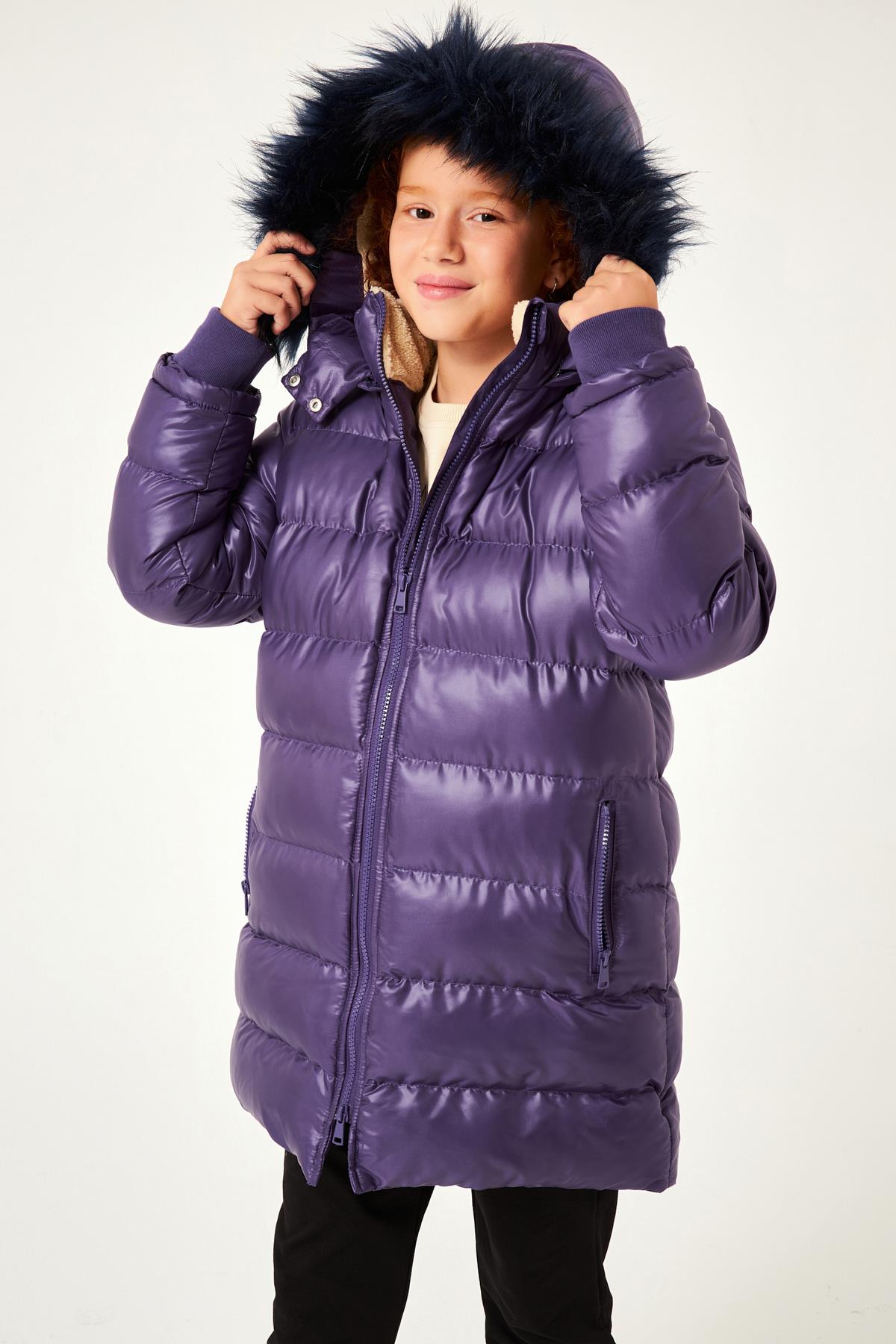 Kürk Kapüşonlu Kız Çocuk Mont Mor - Perendi