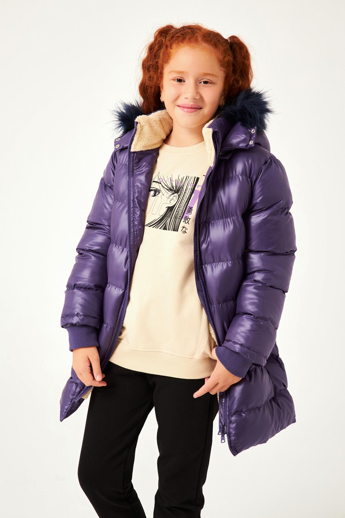 Kürk Kapüşonlu Kız Çocuk Mont Mor - Perendi