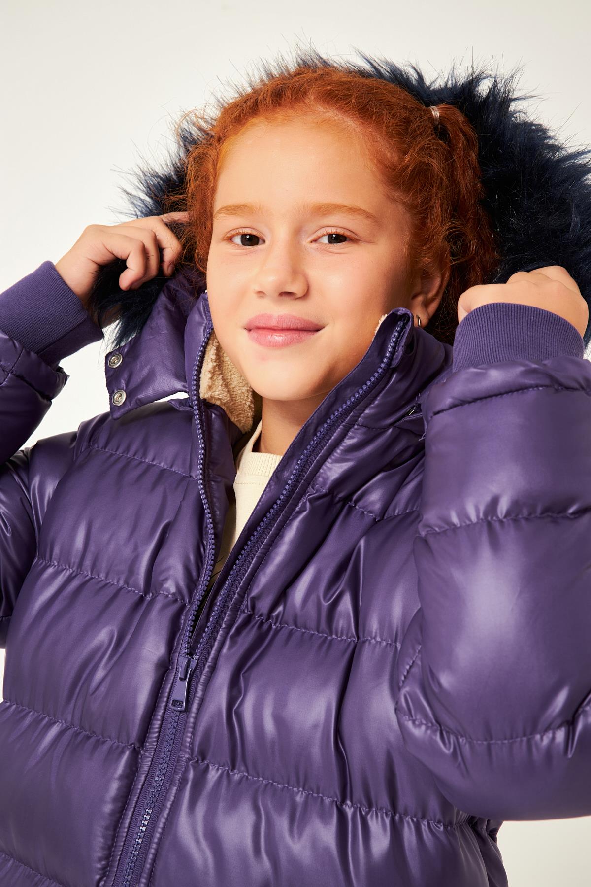 Kürk Kapüşonlu Kız Çocuk Mont Mor - Perendi