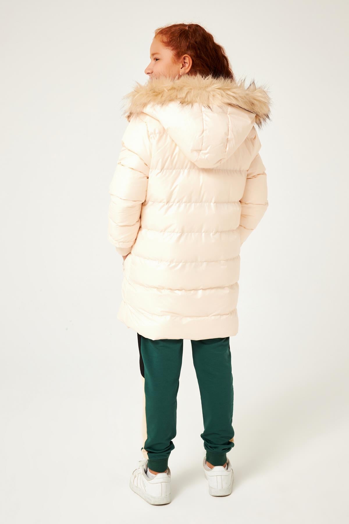 Kürk Kapüşonlu Kız Çocuk Mont Taş - Perendi