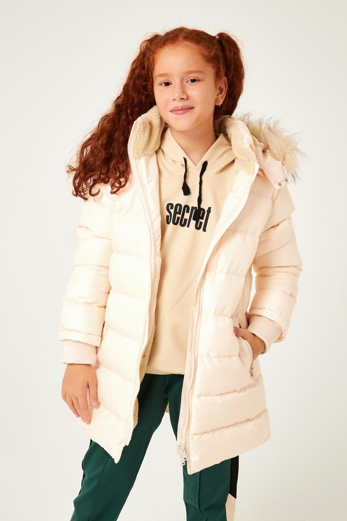 Kürk Kapüşonlu Kız Çocuk Mont Taş - Perendi