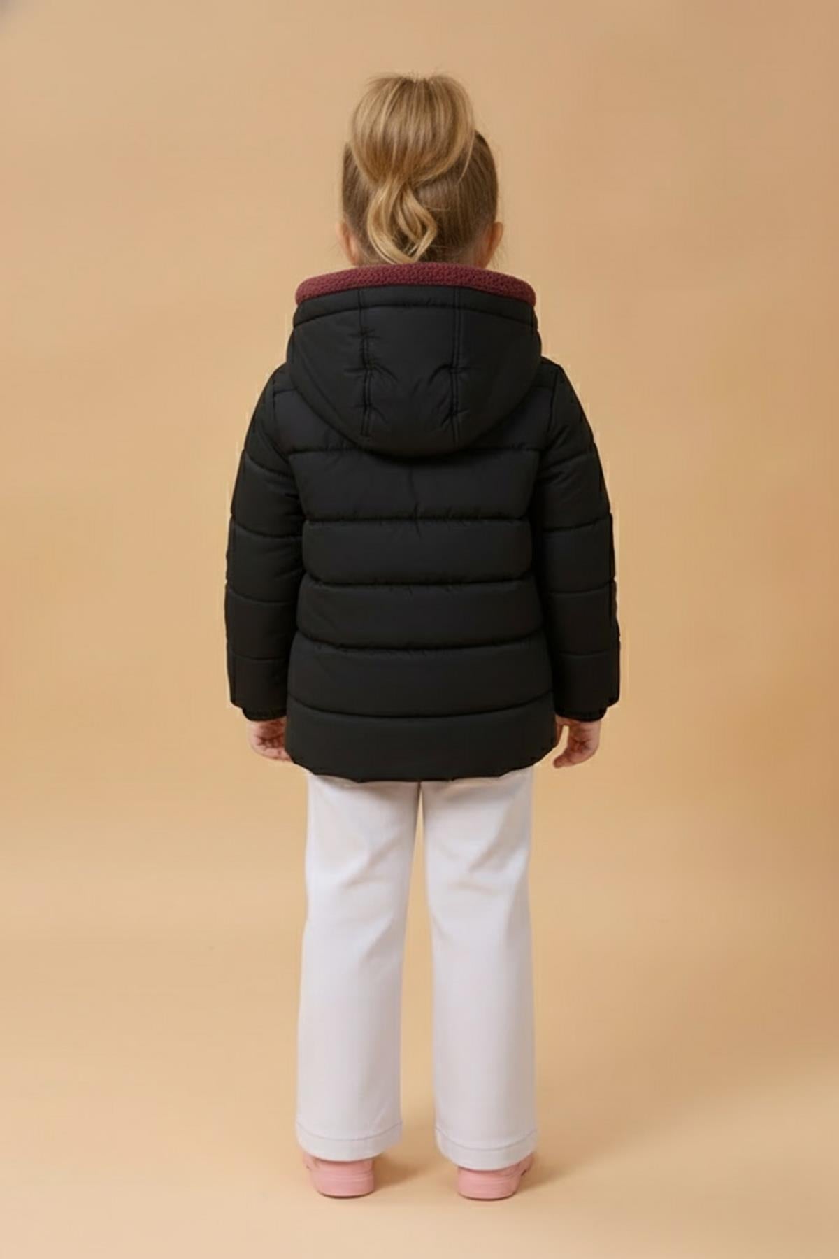 Kız Çocuk Kürklü Kapüşonlu Atkılı Şişme Mont