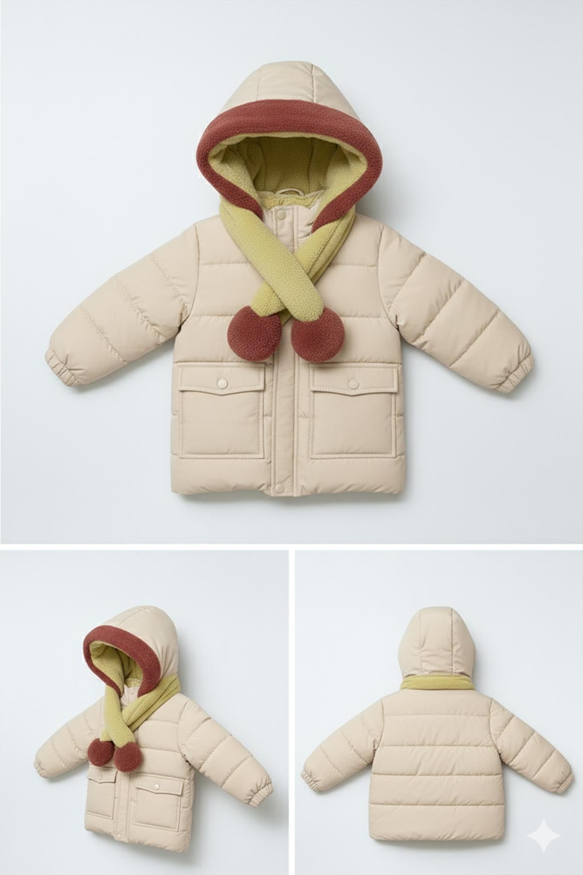 Kız Çocuk Kürklü Kapüşonlu Atkılı Şişme Mont