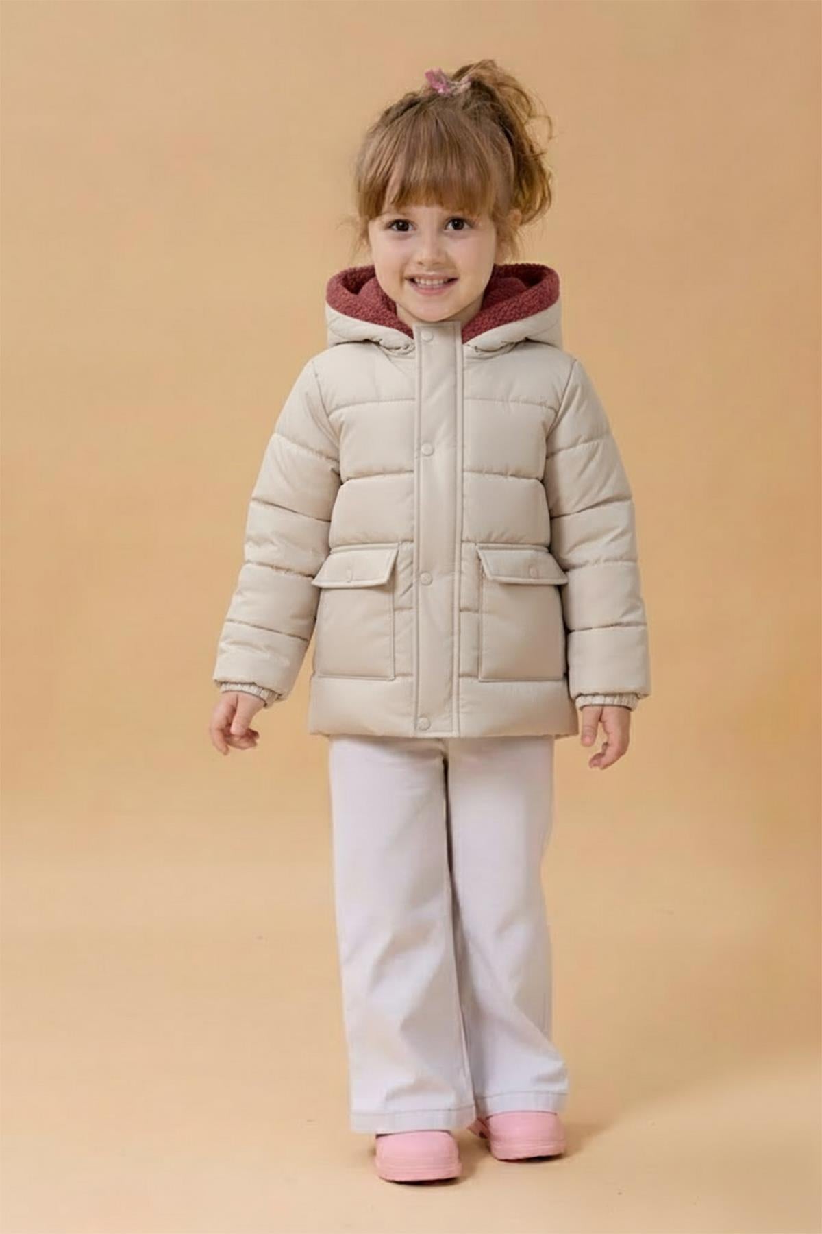 Kız Çocuk Kürklü Kapüşonlu Atkılı Şişme Mont