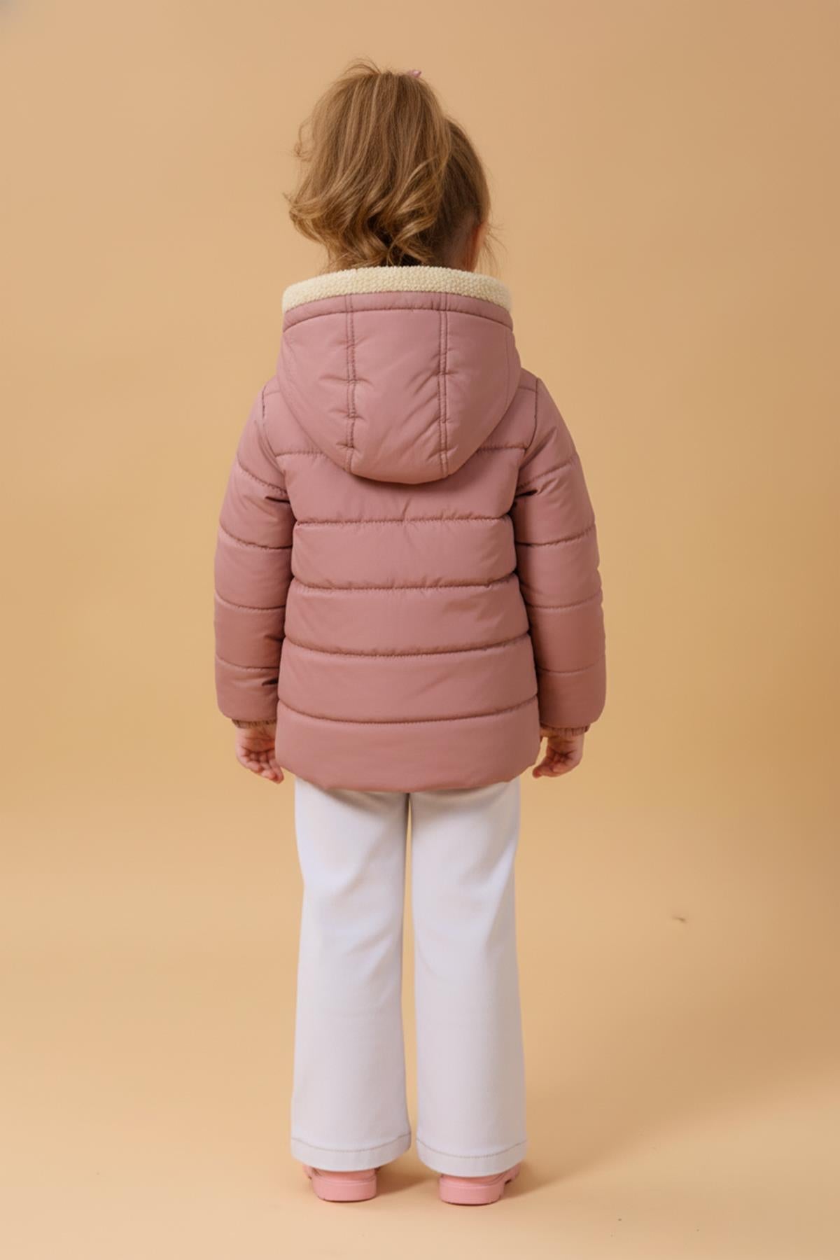 Kız Çocuk Kürklü Kapüşonlu Atkılı Şişme Mont – Gülkurusu