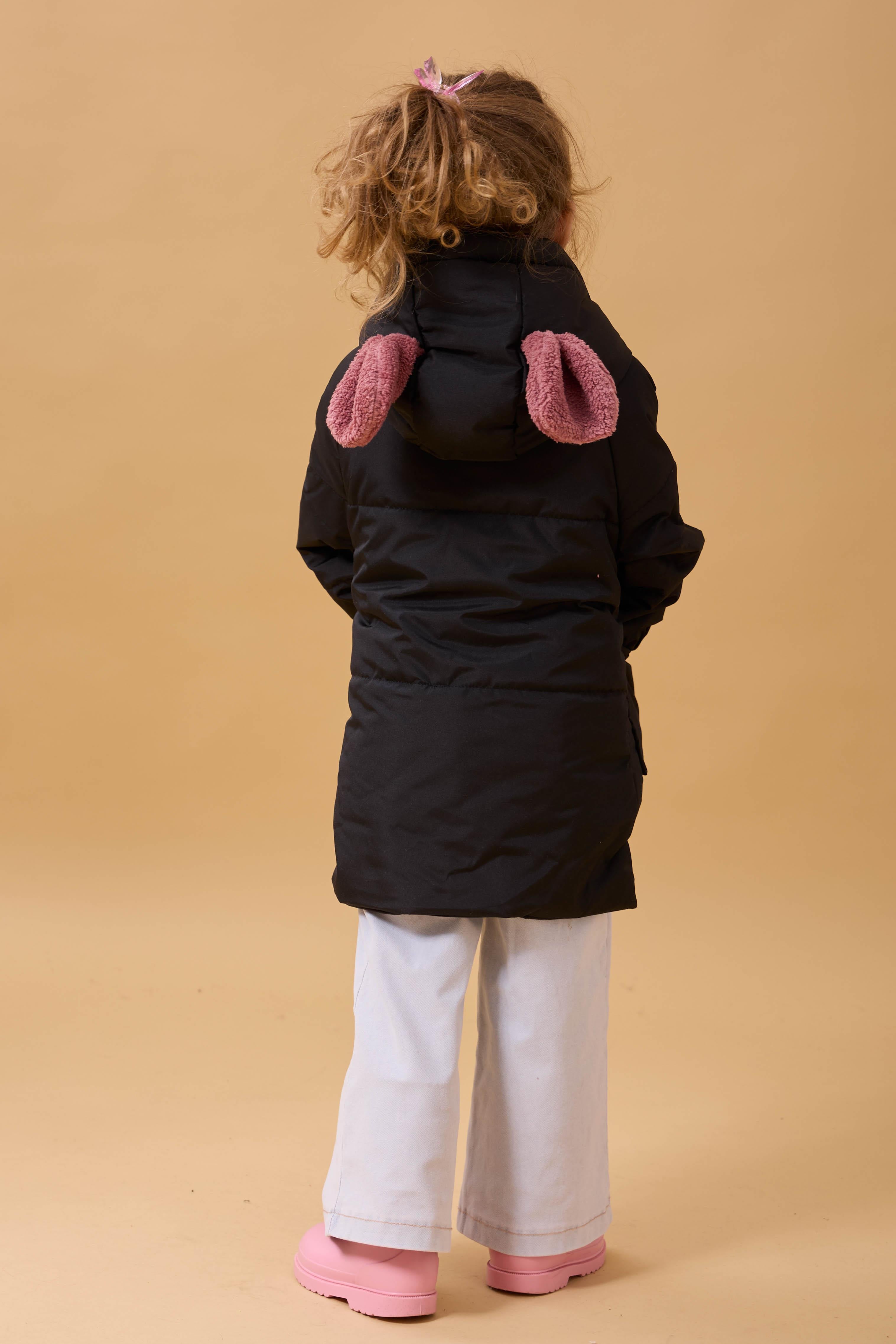 Kız Çocuk Kürklü Kulaklı ve Çanta Aksesuarlı Kalın Kışlık Mont