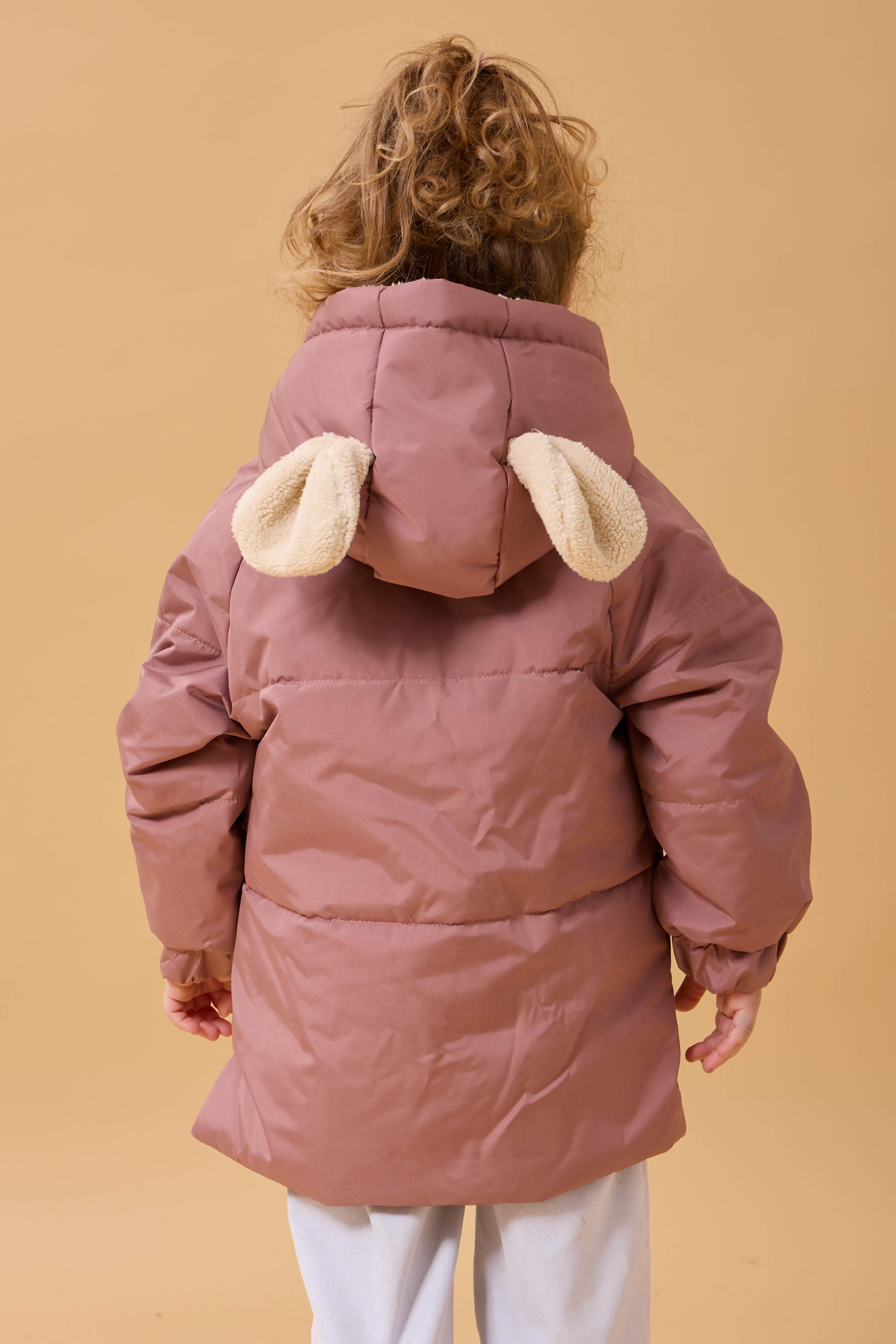 Kız Çocuk Kürklü Kulaklı ve Çanta Aksesuarlı Kalın Kışlık Mont Gülkurusu