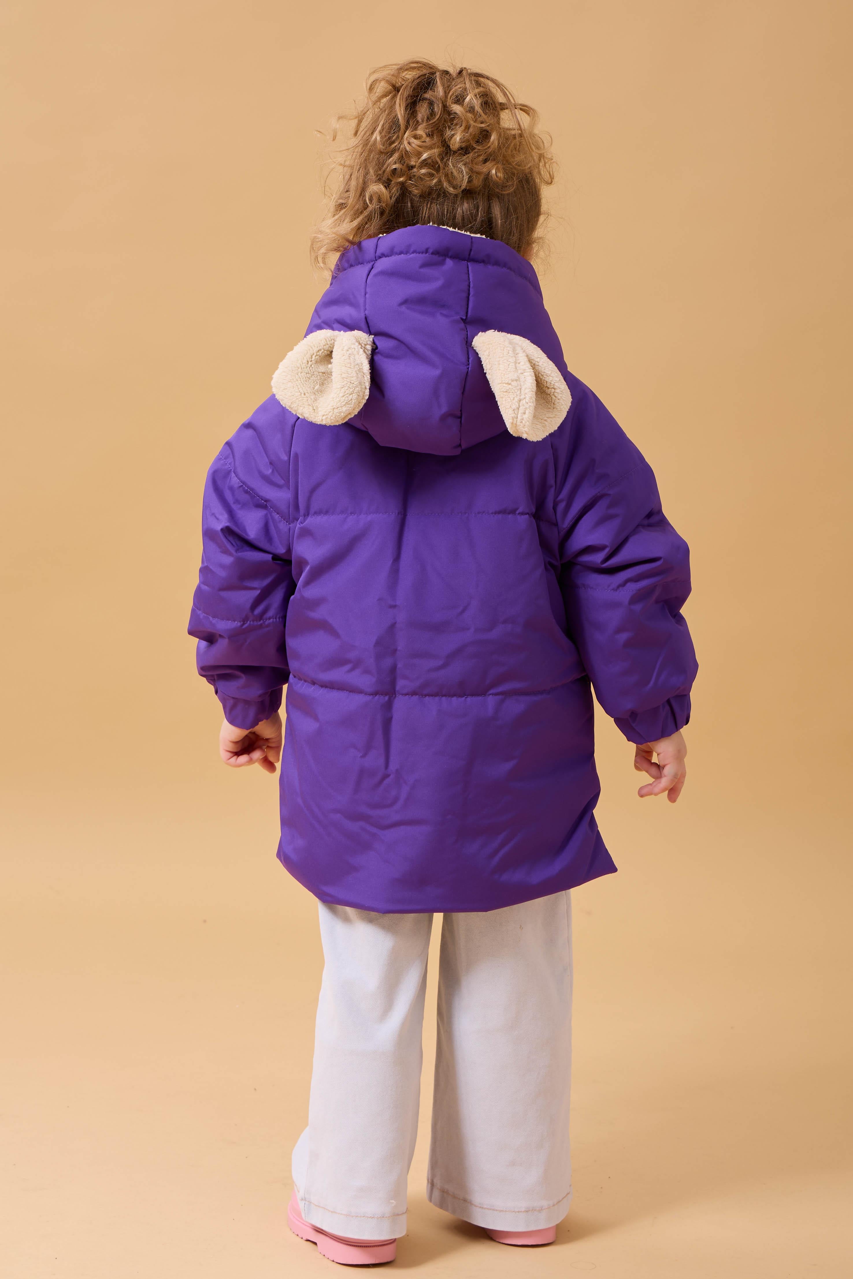 Kız Çocuk Kürklü Kulaklı ve Çanta Aksesuarlı Kalın Kışlık Mont Mor
