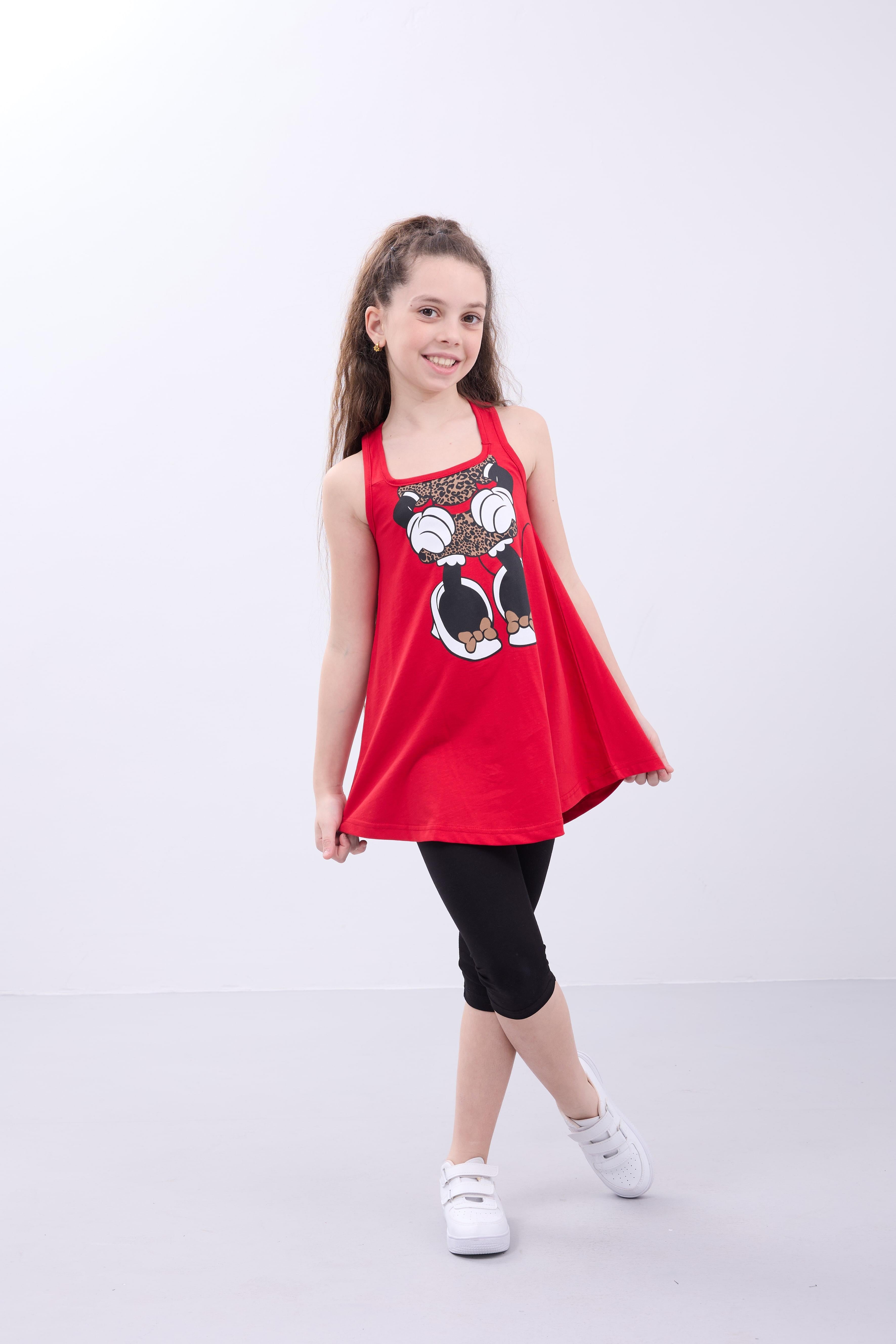 Kız Çocuk Leopar Desenli Minnie Mouse Baskılı Askılı Tunik ve Tayt Takımı